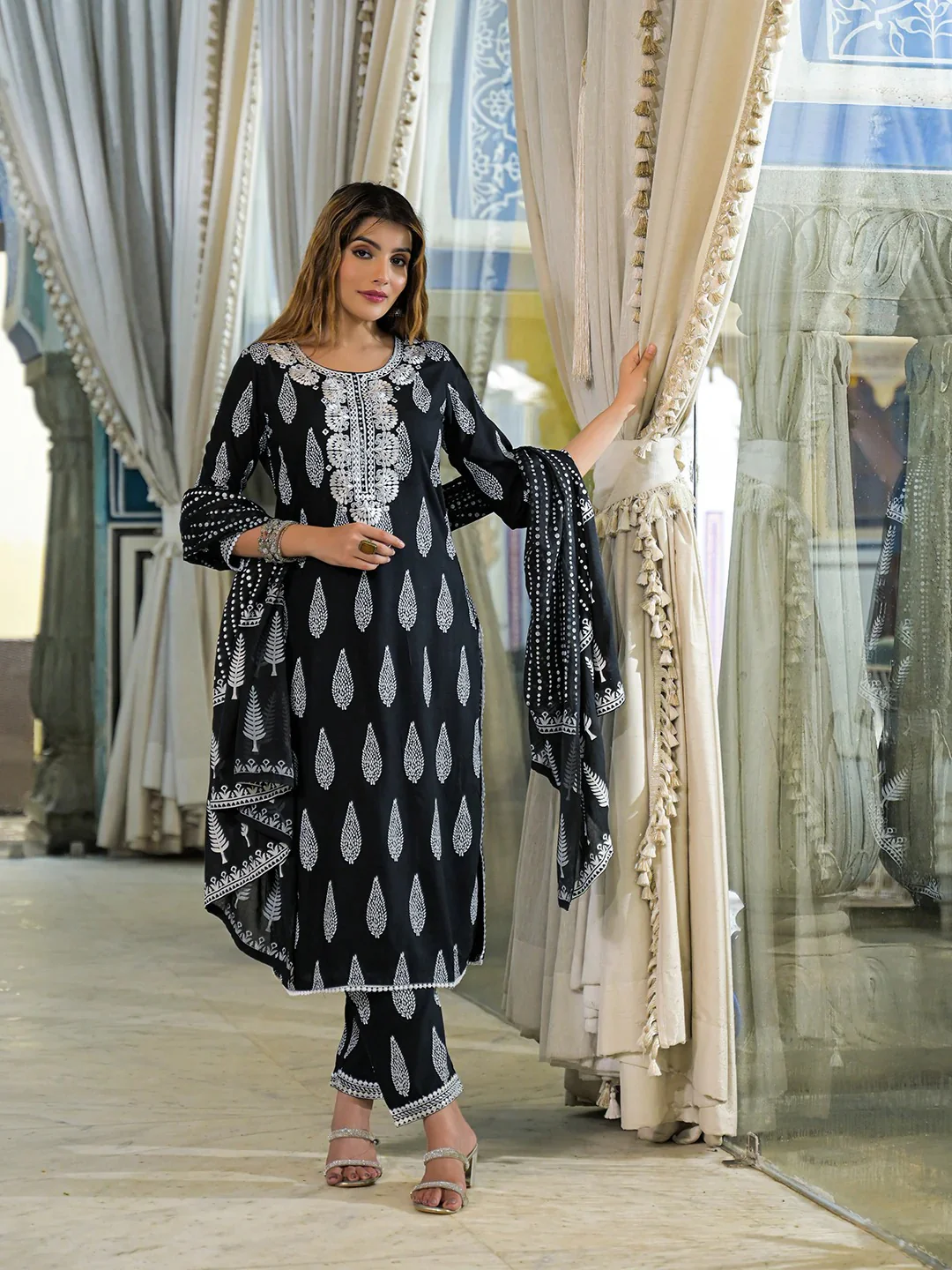 Black Embroidered Cotton Straight Kurta Pant Set With Dupatta - Image 4