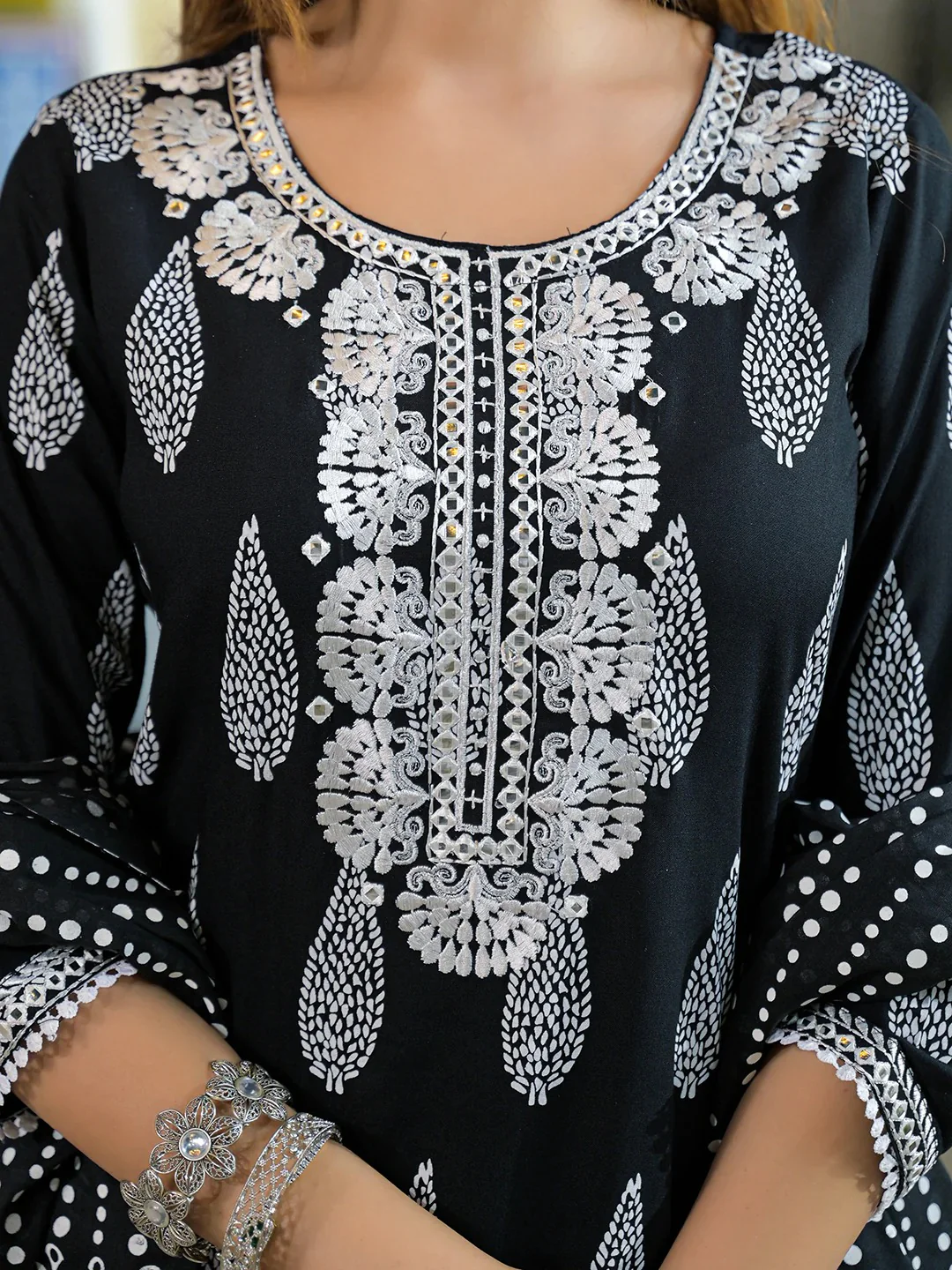 Black Embroidered Cotton Straight Kurta Pant Set With Dupatta - Image 5