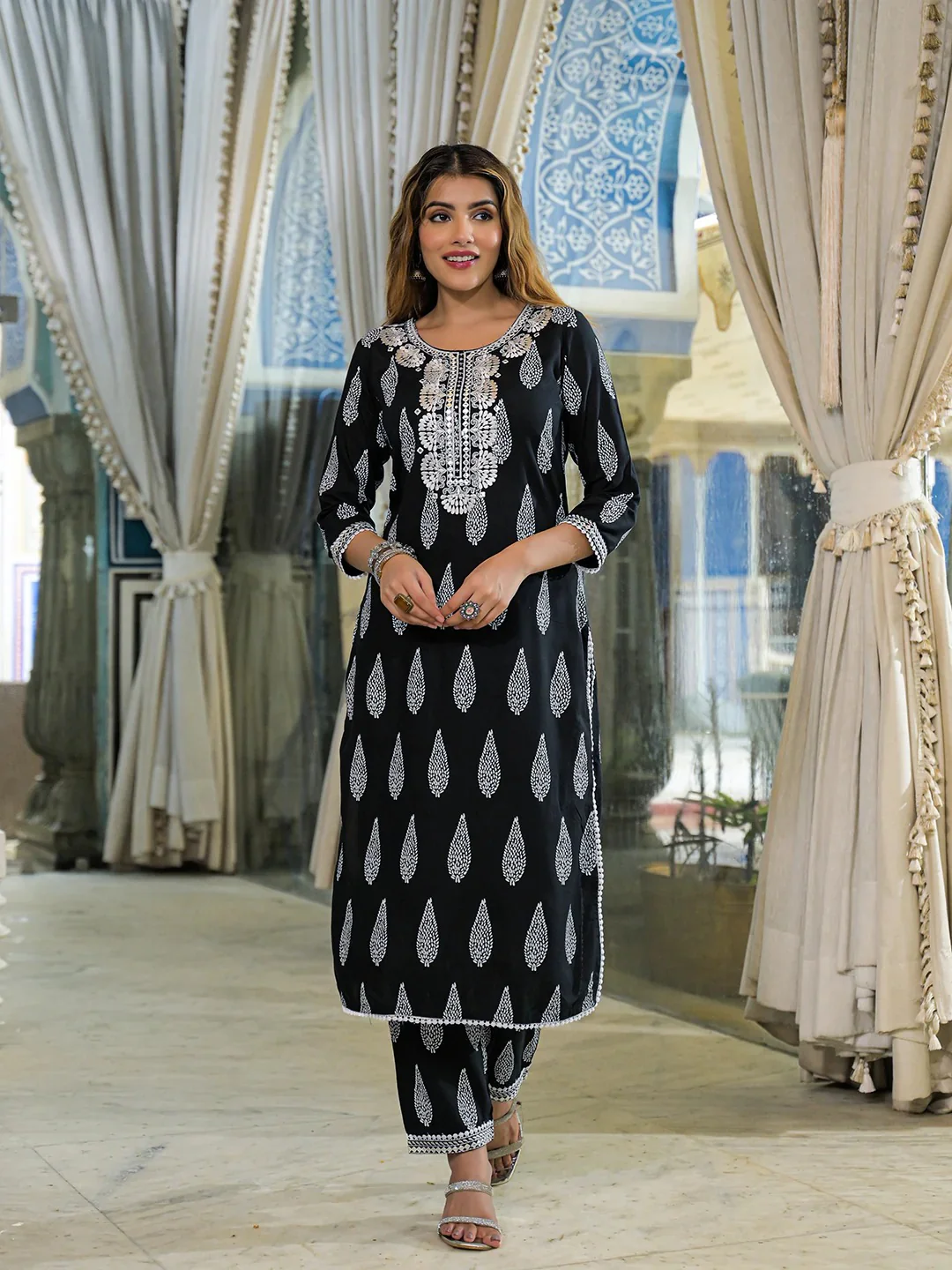 Black Embroidered Cotton Straight Kurta Pant Set With Dupatta - Image 7