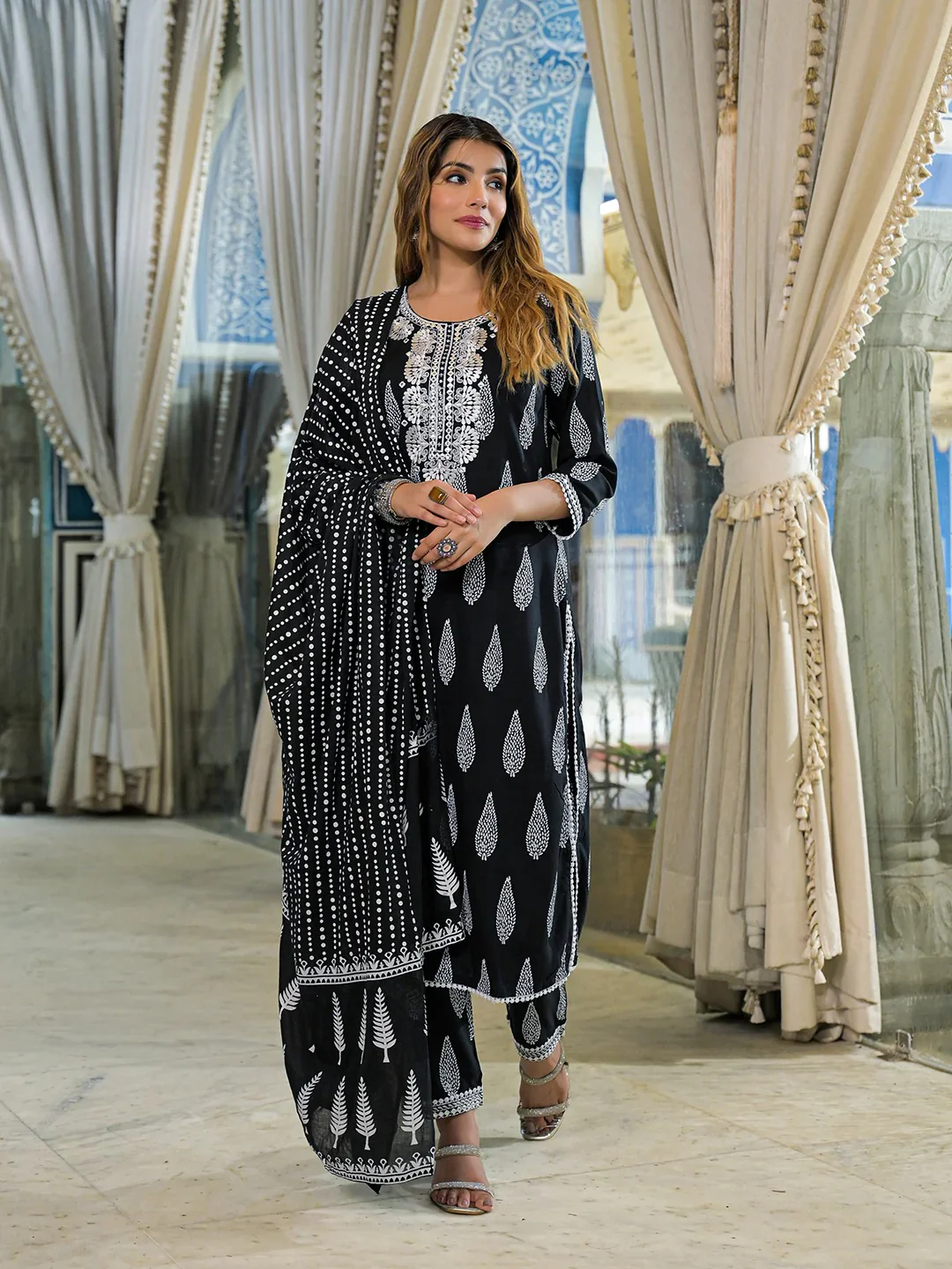 Black Embroidered Cotton Straight Kurta Pant Set With Dupatta - Image 8