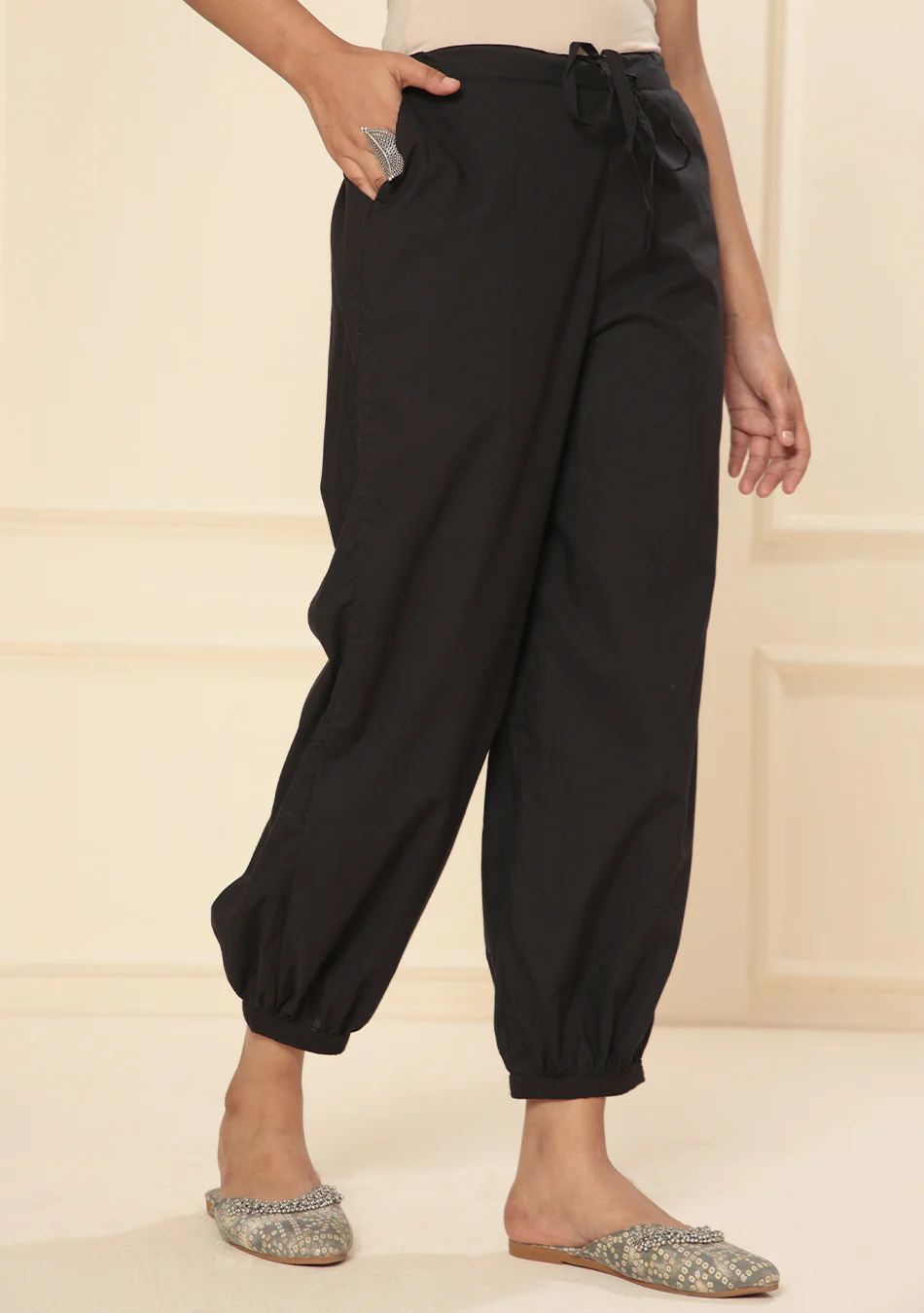 Black embroidered lace cuff pants - Image 2