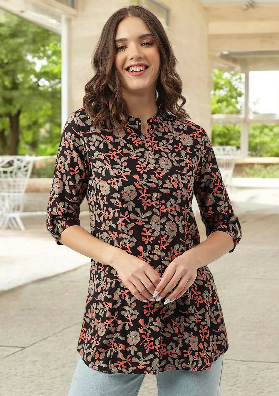 Black Floral Printed Rayon Shirt Style Top - Image 5