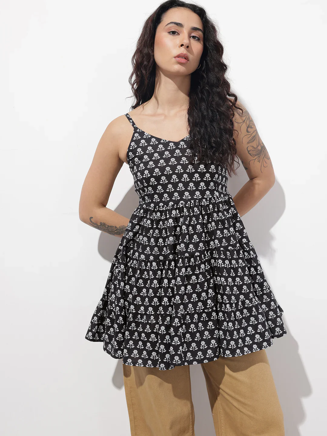Black Floral Shoulder Straps Gather Tier Top - Image 3