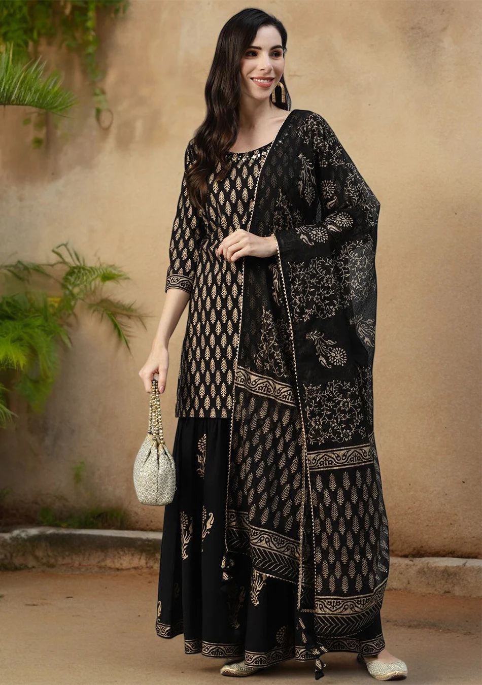 Black Cotton Kurta Sharara Set with Gold Print and Dupatta - Image 2