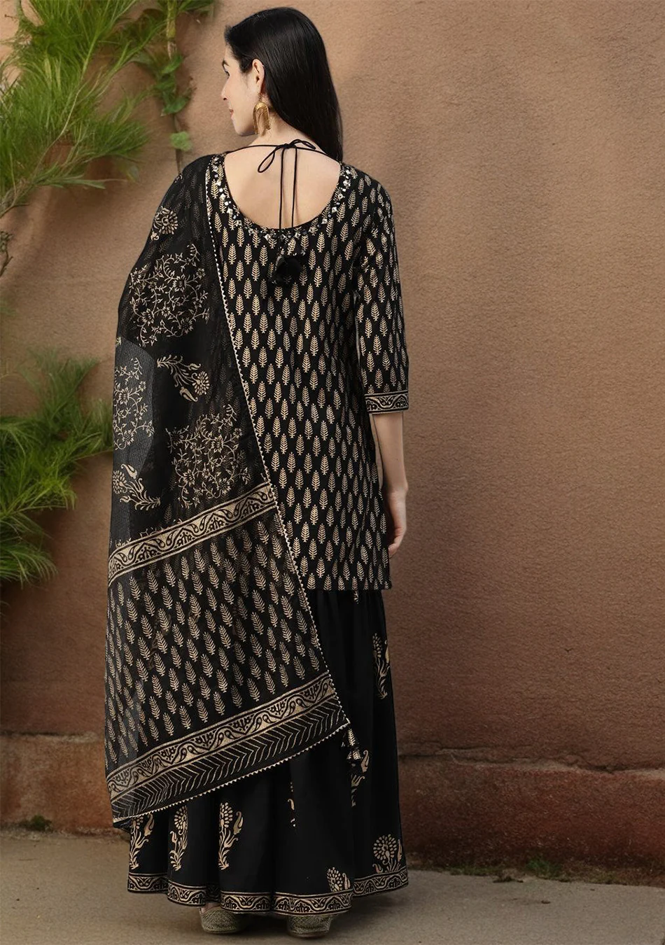 Black Cotton Kurta Sharara Set with Gold Print and Dupatta - Image 3