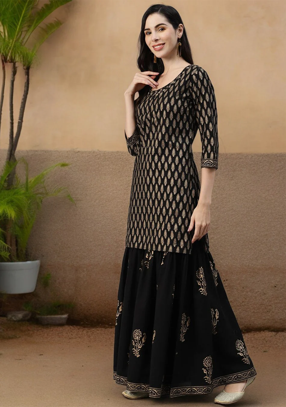 Black Cotton Kurta Sharara Set with Gold Print and Dupatta - Image 4