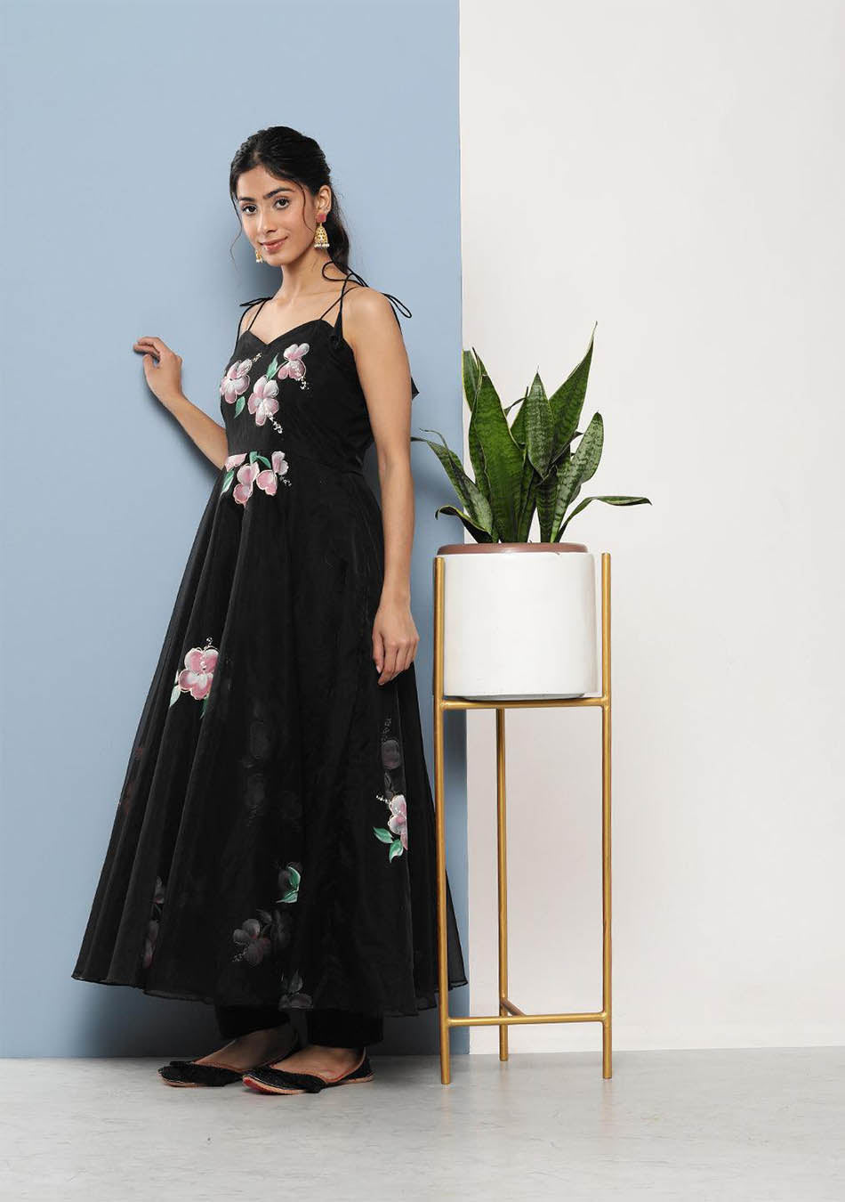 Black Hand Painted Floral Organza Anarkali Kurta Pant Set with Dupatta - Image 3