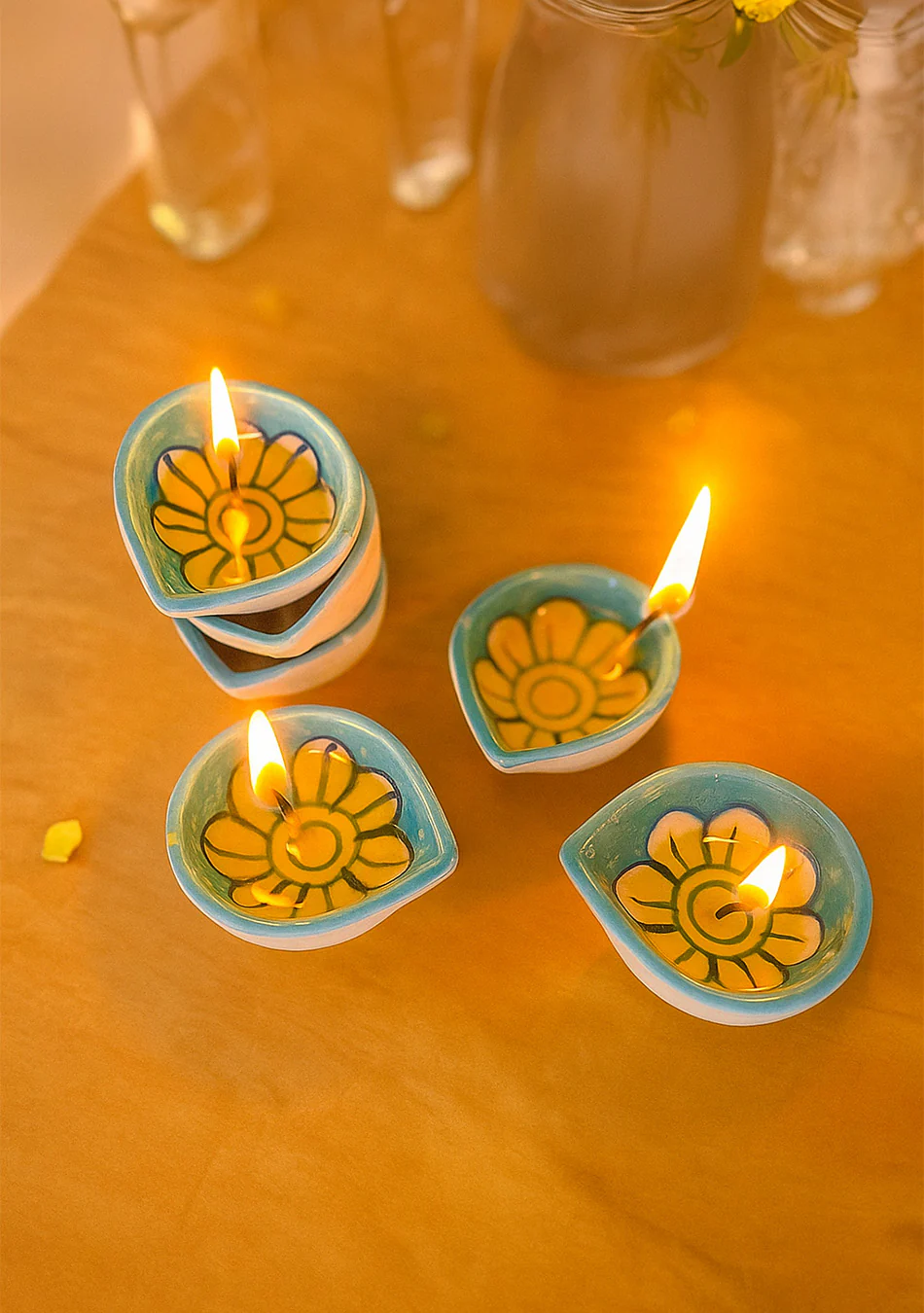 Blue Floral Diyas Set of 6 - Image 2