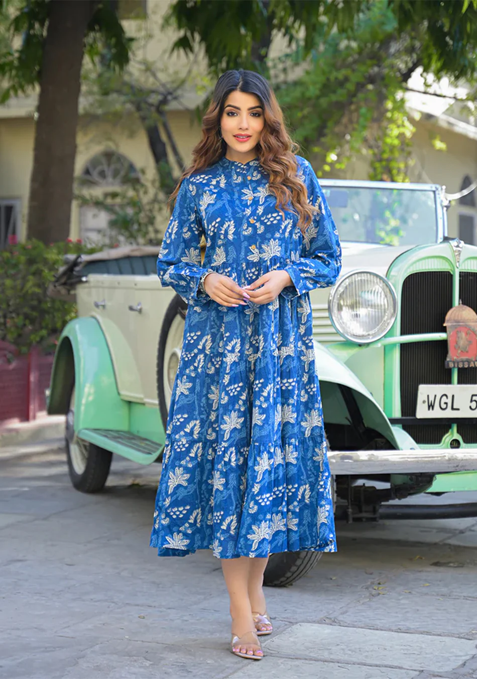 Blue Floral Print Cotton Fabric Flared Dress - Image 4