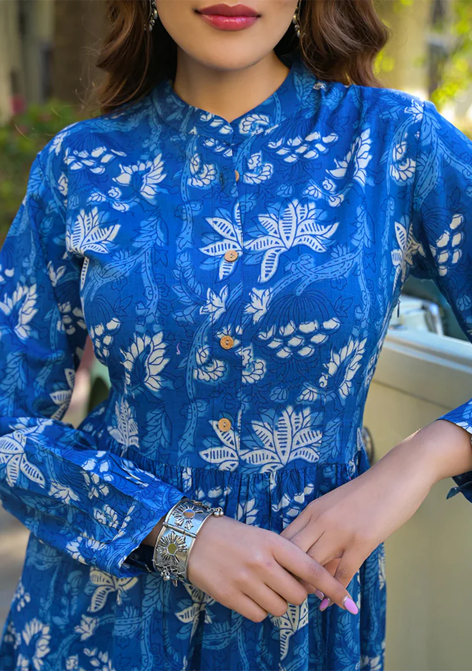 Blue Floral Print Cotton Fabric Flared Dress - Image 6
