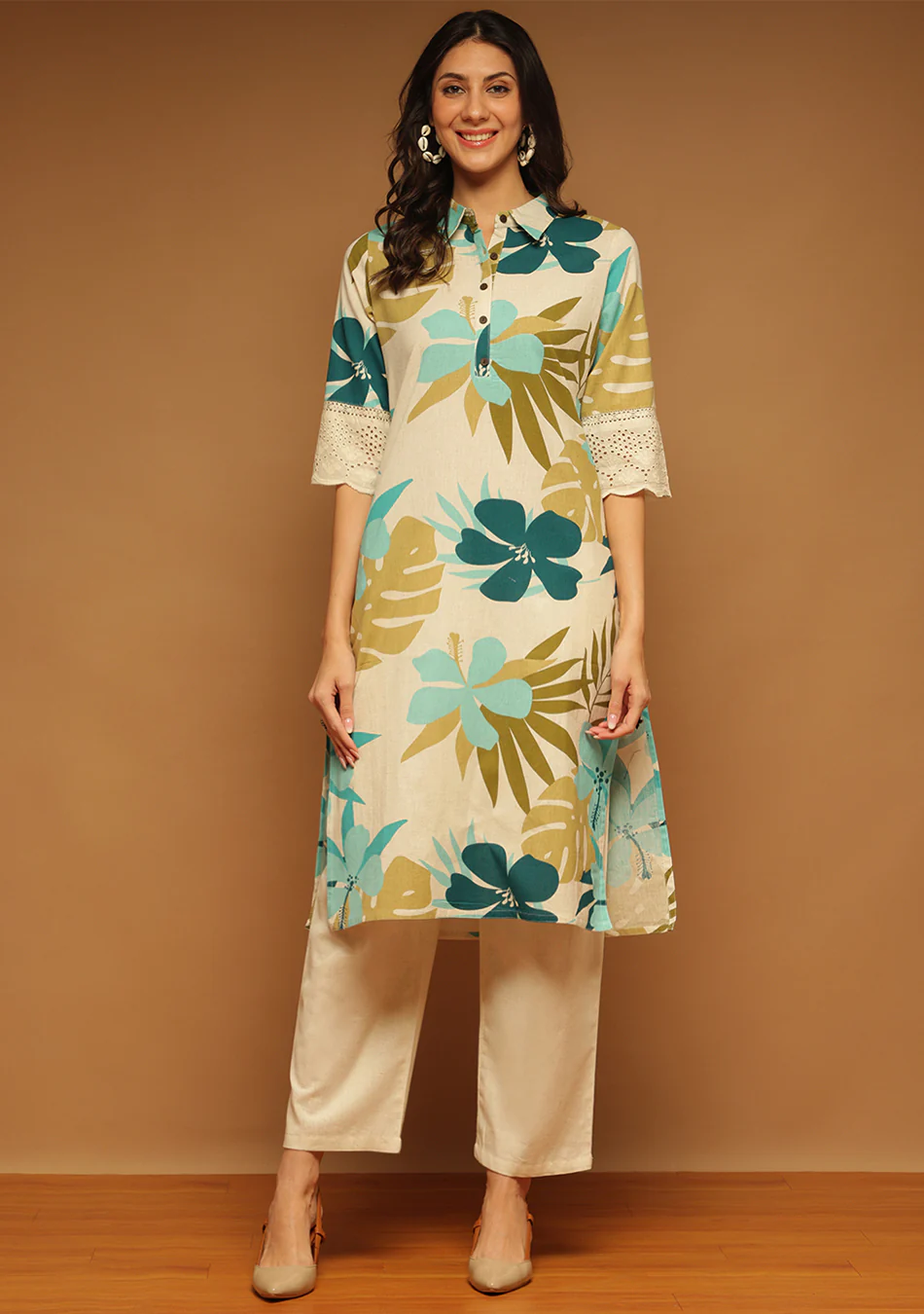 Aravalii Olive Tropic Schiffli Kurta