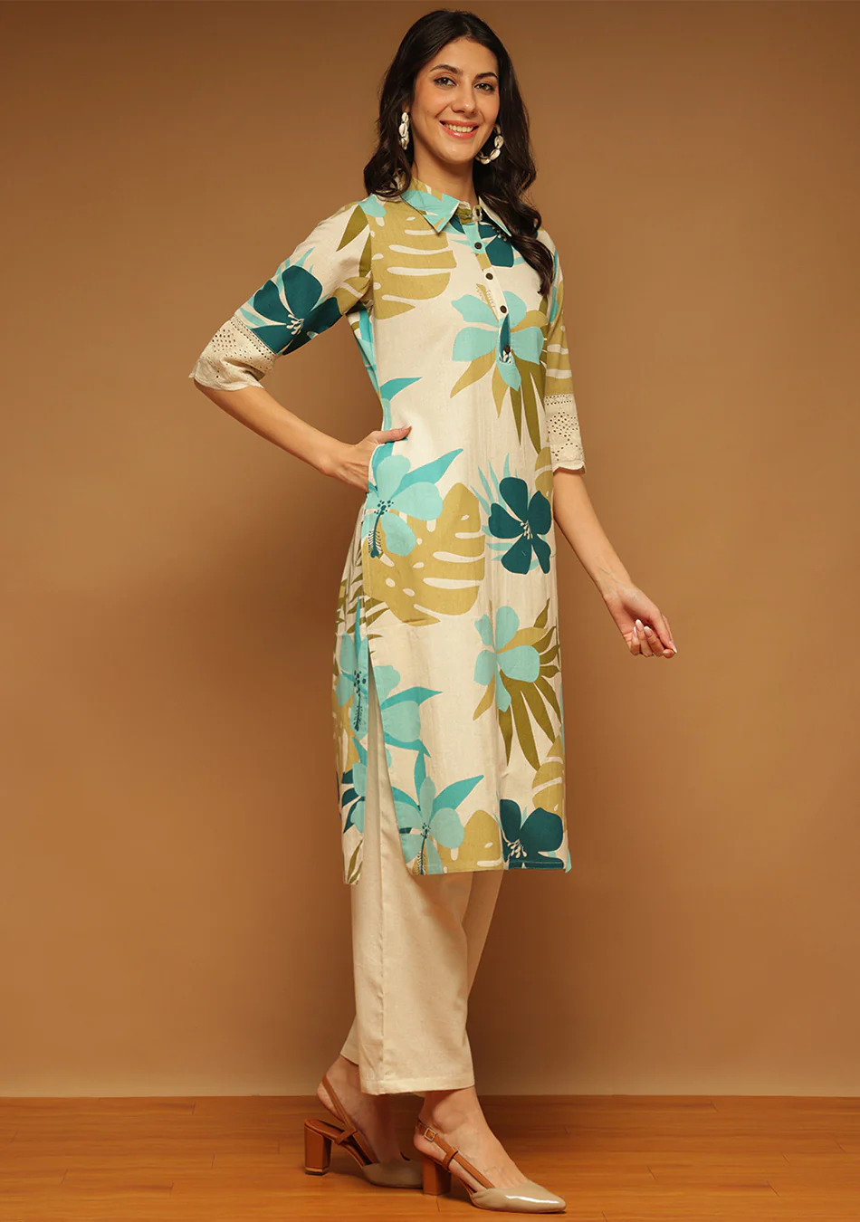 Aravalii Olive Tropic Schiffli Kurta - Image 3