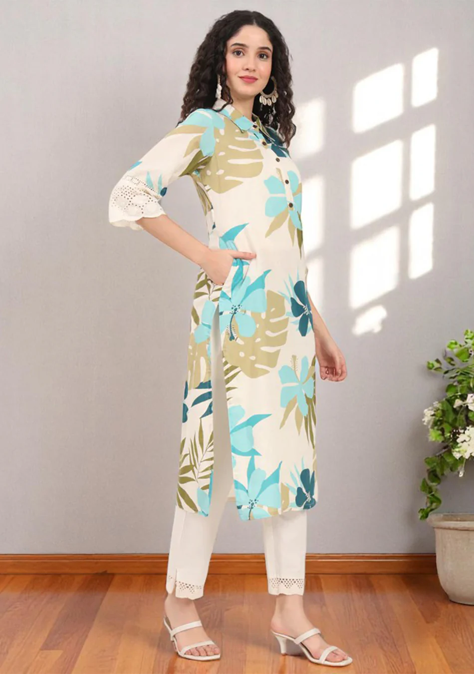 Aravalii Olive Tropic Schiffli Kurta - Image 7