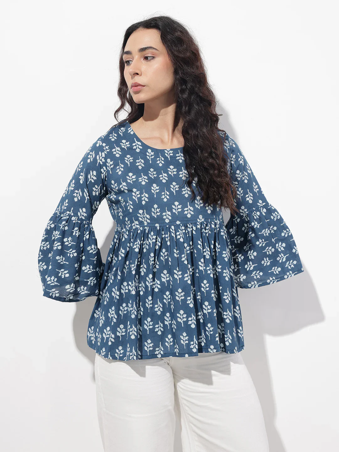 Blue Floral Round Neck Peplum Top - Image 4