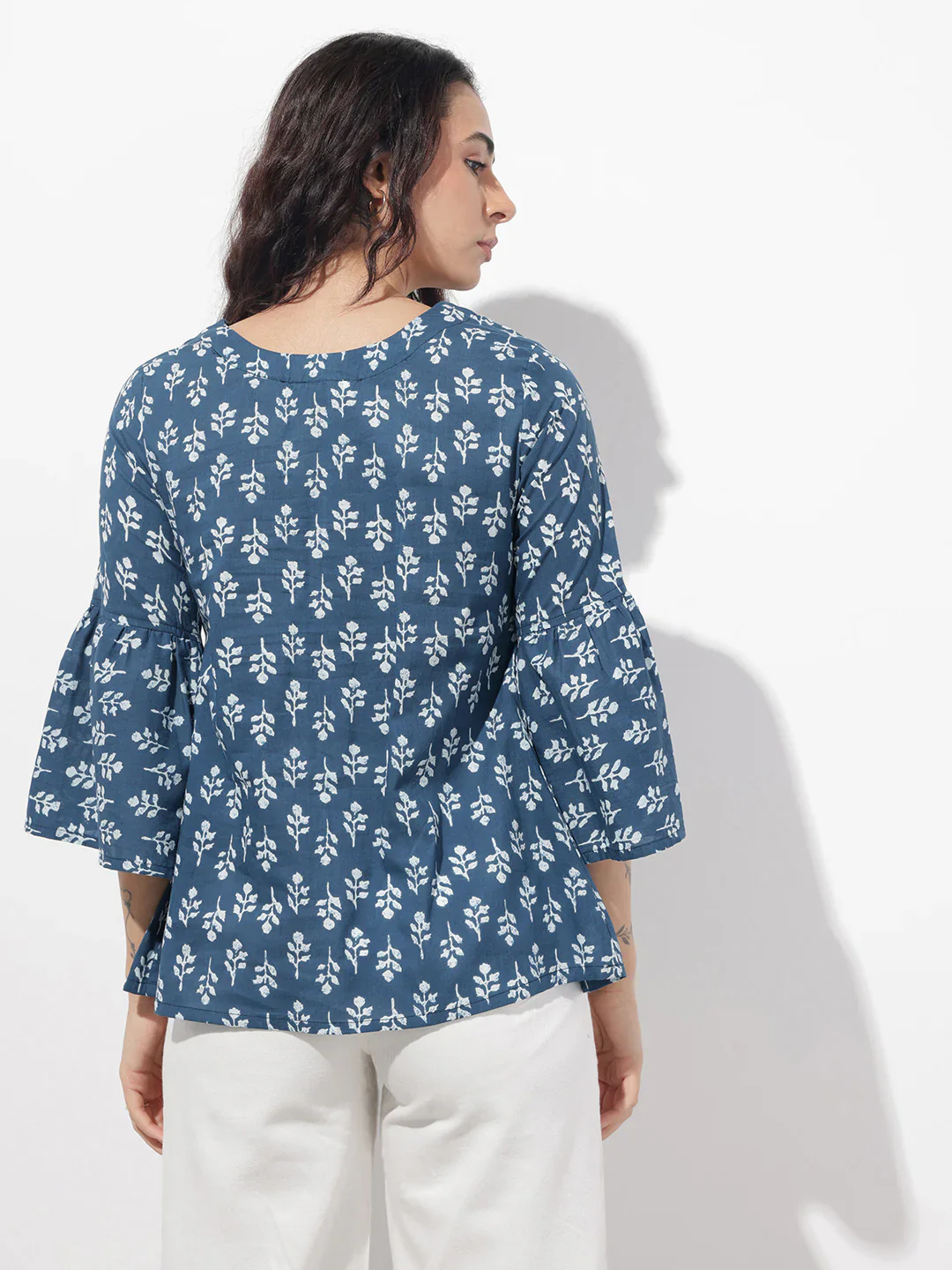 Blue Floral Round Neck Peplum Top - Image 6