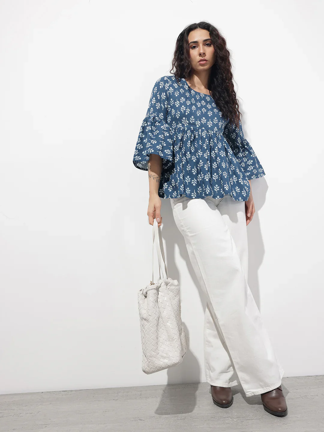 Blue Floral Round Neck Peplum Top - Image 7