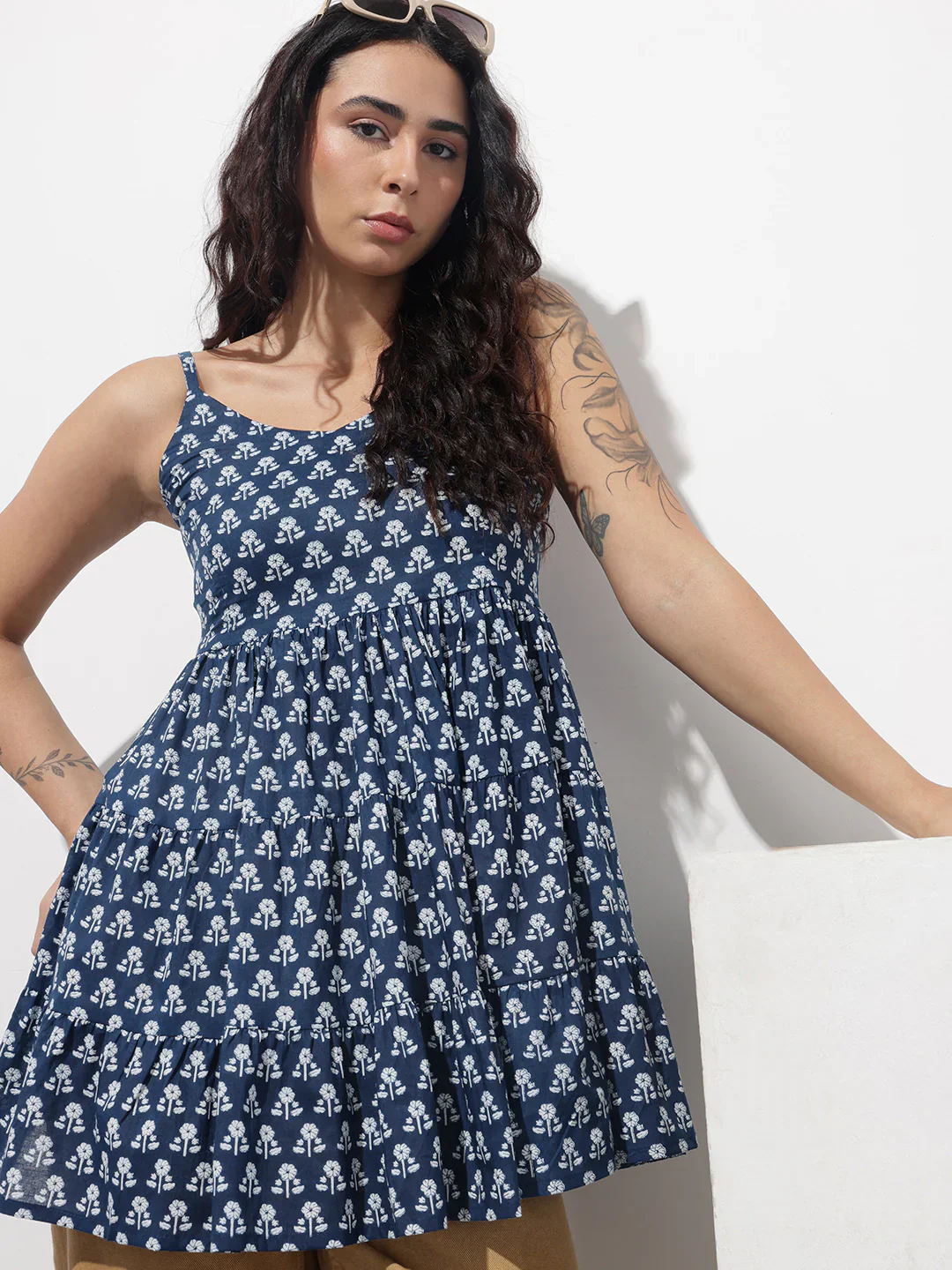 Blue Floral Shoulder Straps Gather Tier Top
