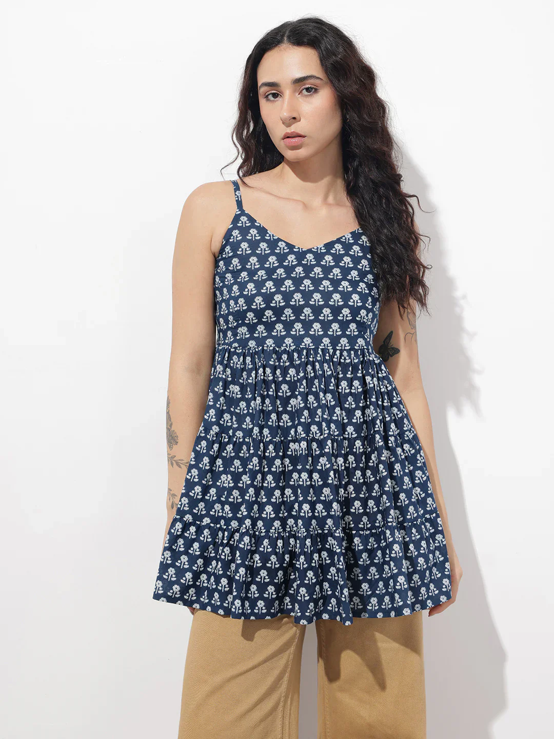 Blue Floral Shoulder Straps Gather Tier Top - Image 3