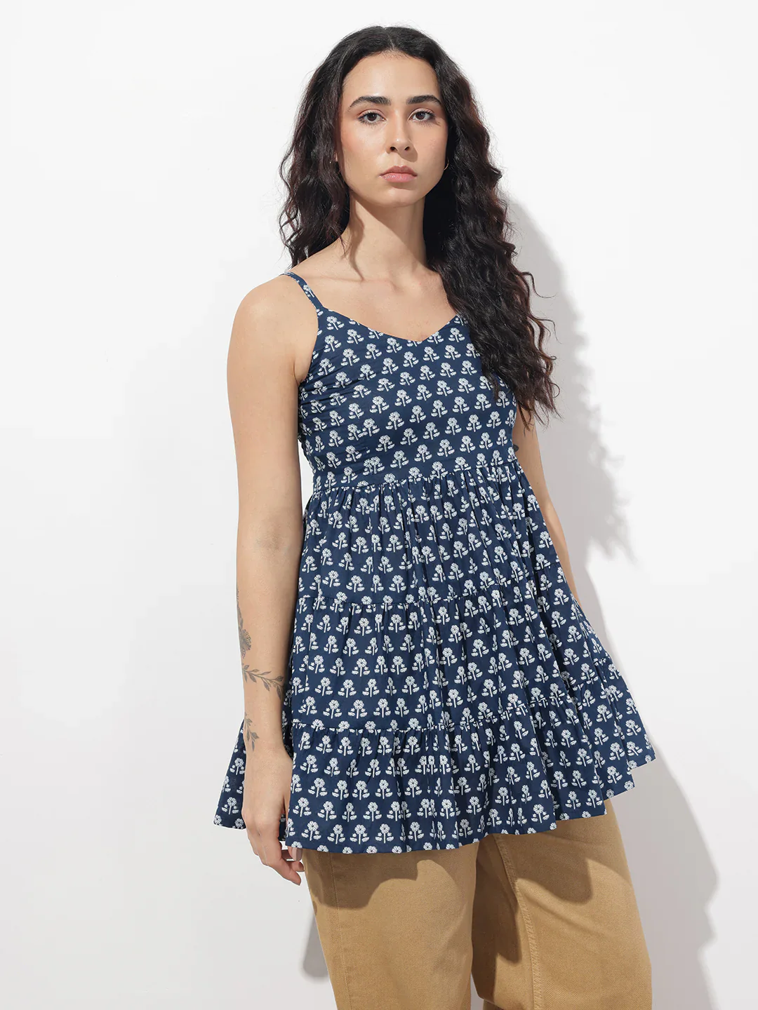 Blue Floral Shoulder Straps Gather Tier Top - Image 4