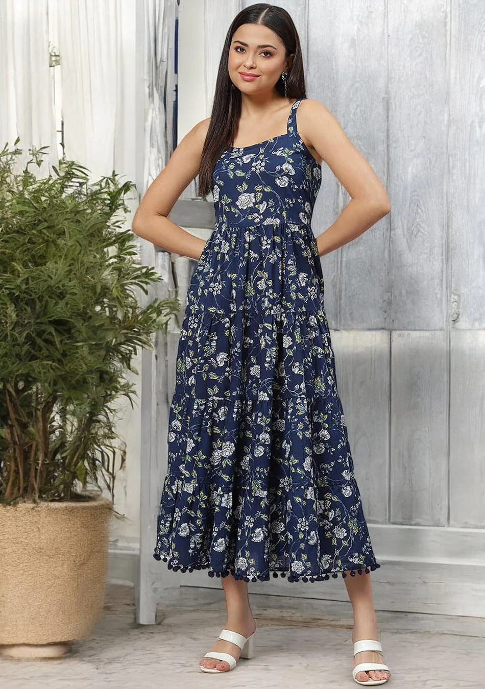 Blue Floral Shoulder Strip Long Dress - Image 2
