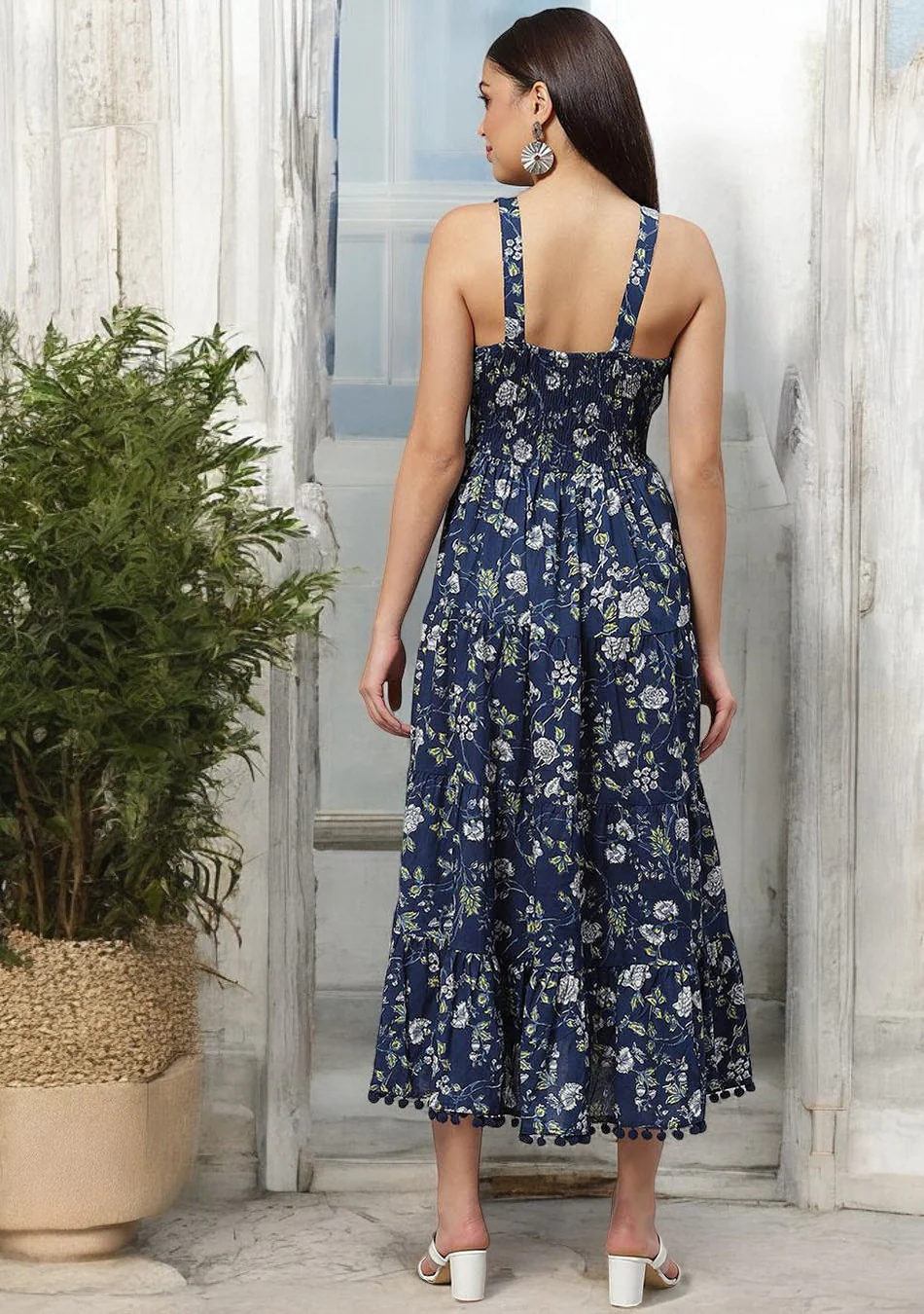 Blue Floral Shoulder Strip Long Dress - Image 4