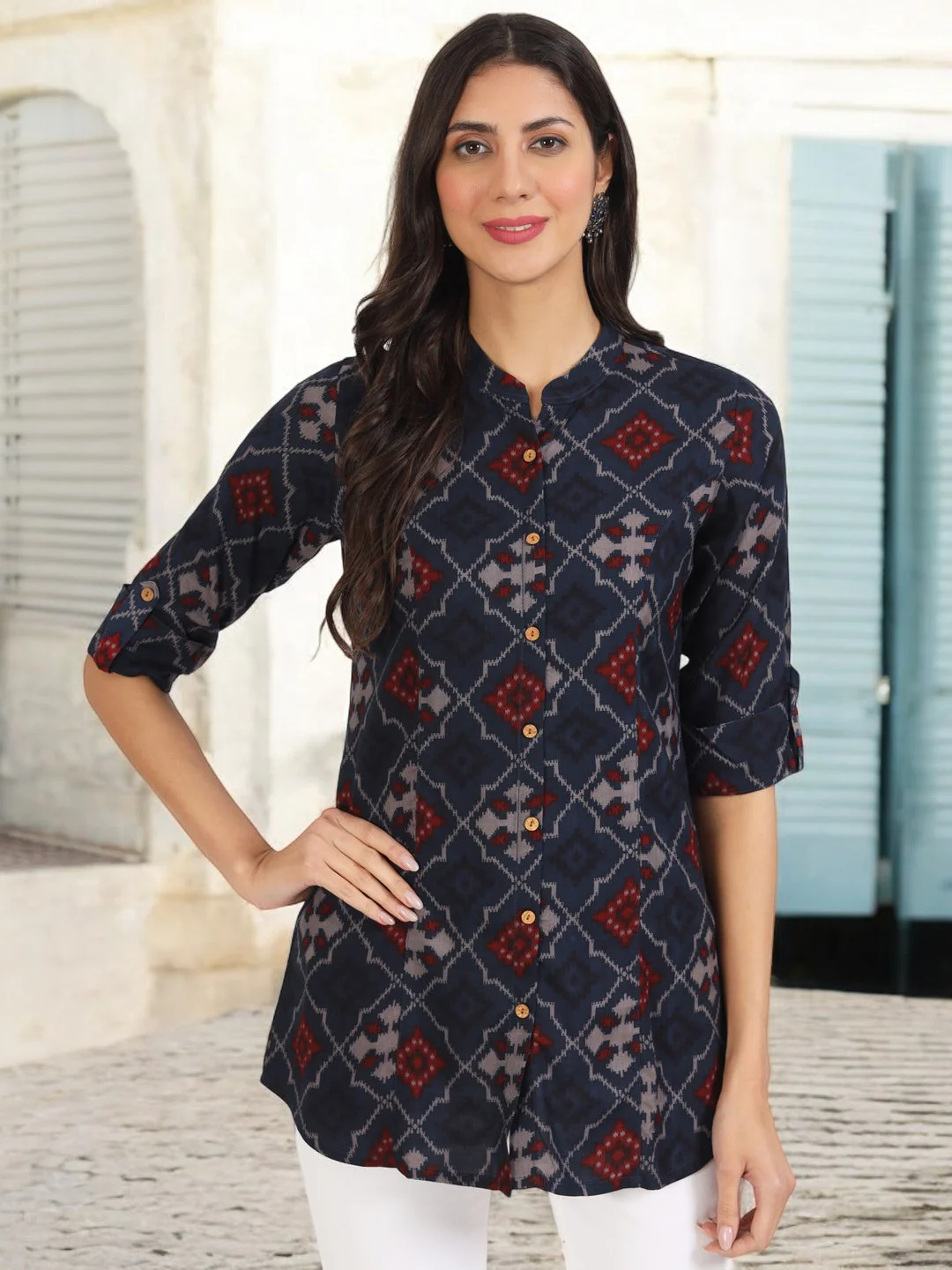 Blue Geometric Printed Rayon Top - Image 11
