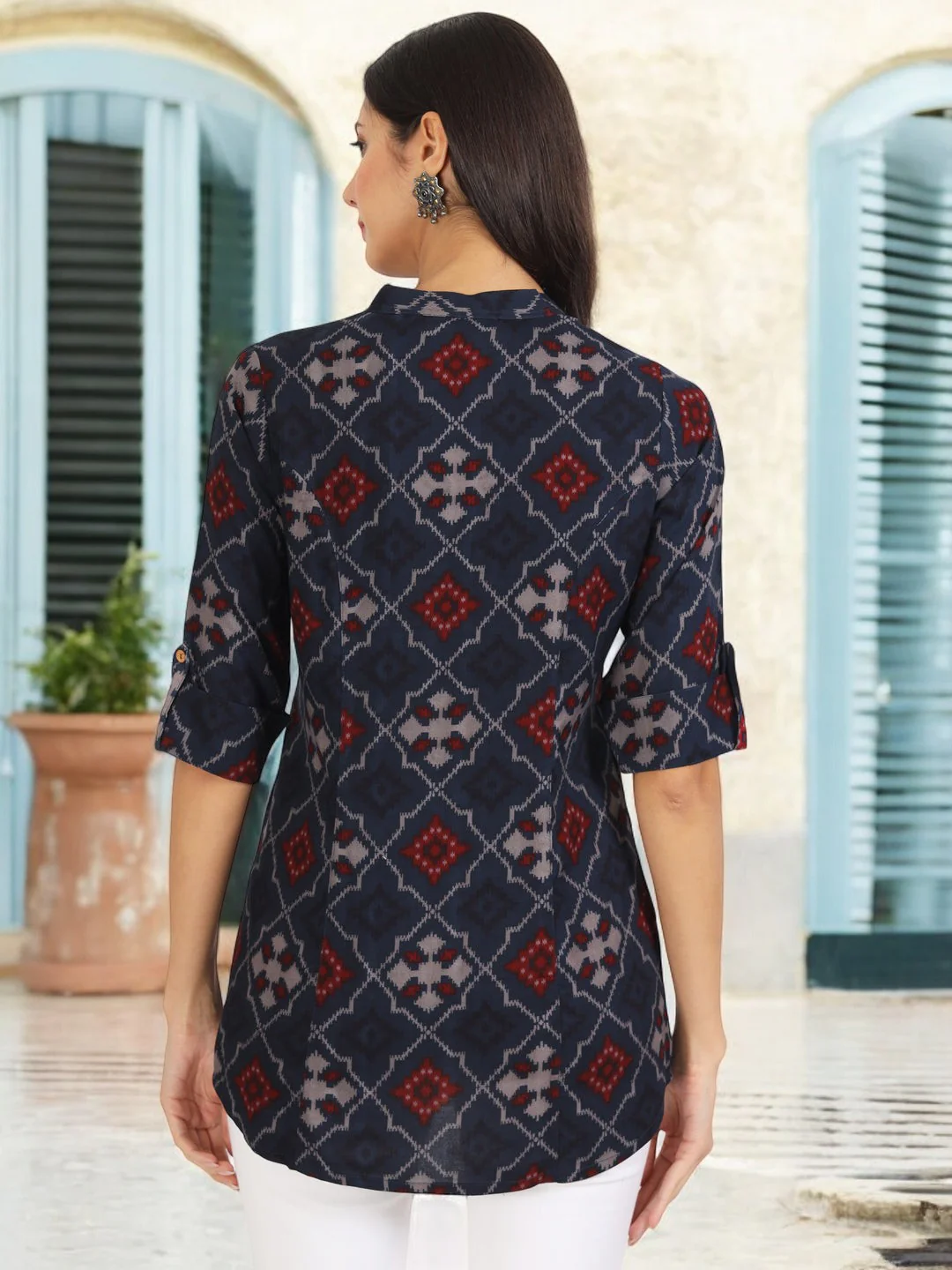 Blue Geometric Printed Rayon Top - Image 12