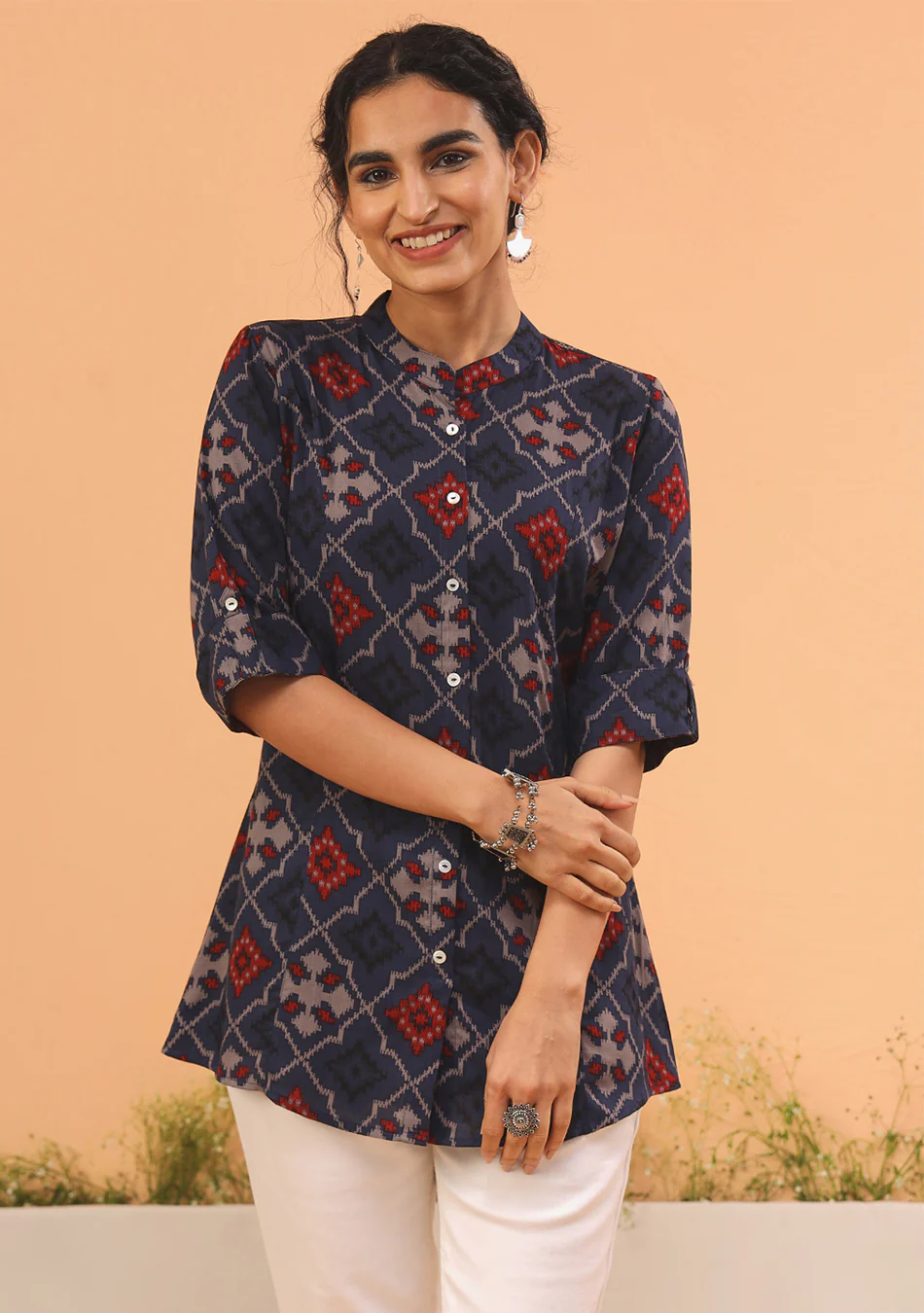 Blue Geometric Printed Rayon Top - Image 2