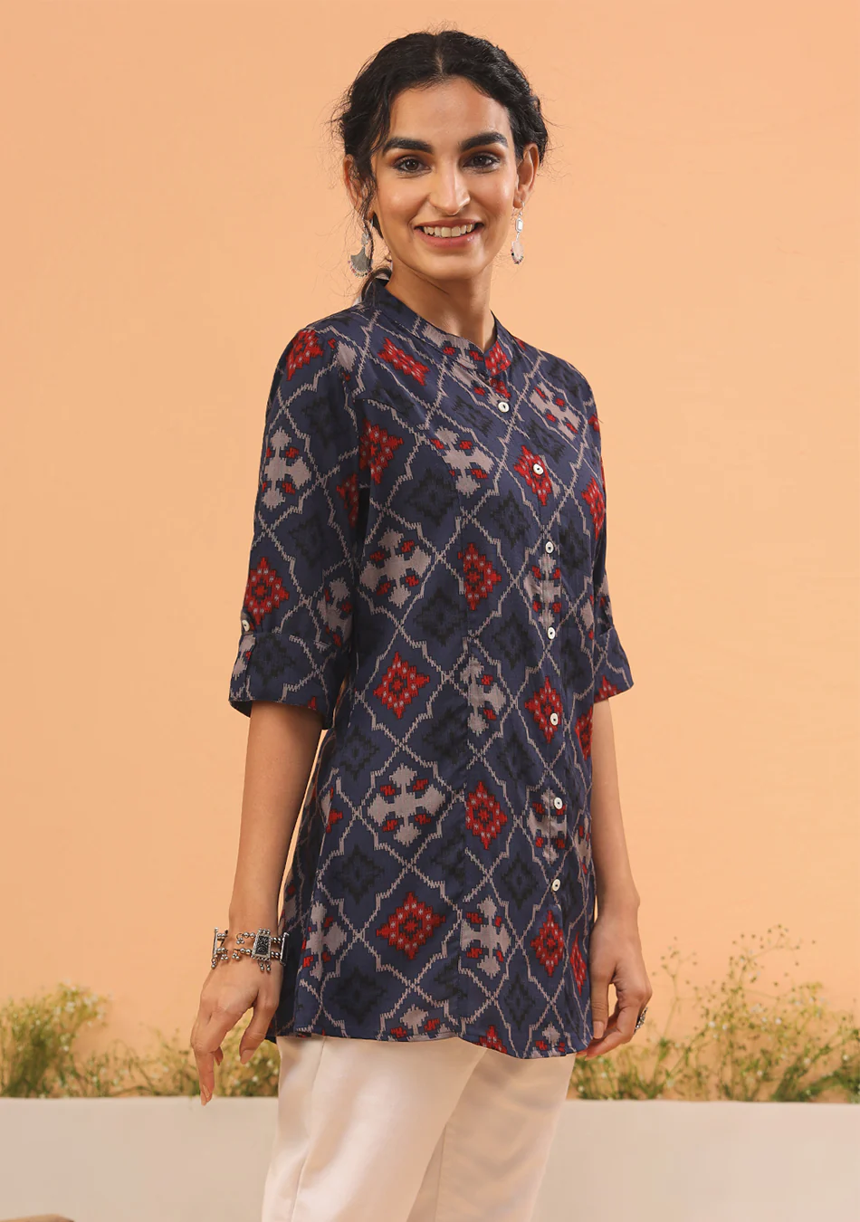 Blue Geometric Printed Rayon Top - Image 3
