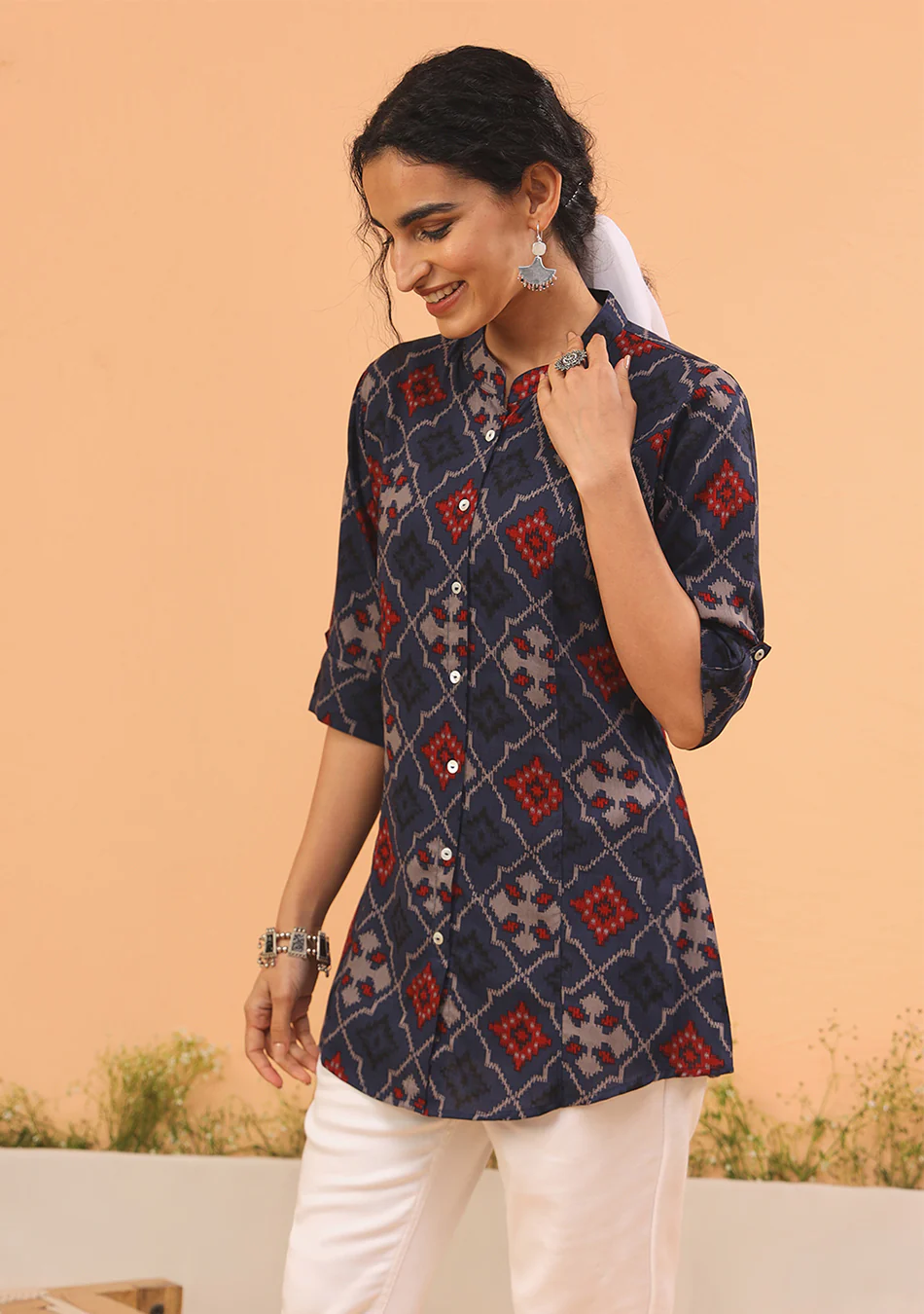 Blue Geometric Printed Rayon Top - Image 4