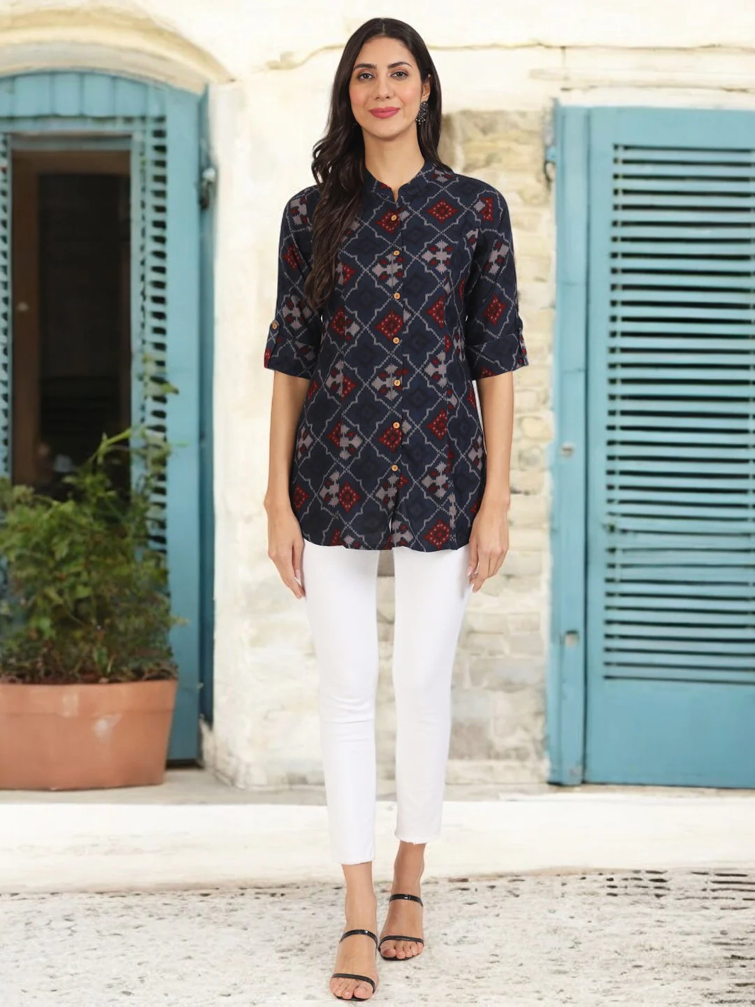 Blue Geometric Printed Rayon Top - Image 7