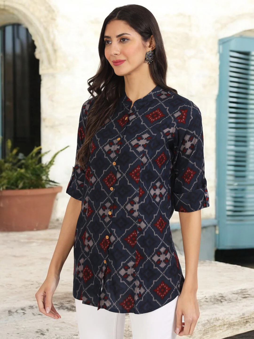 Blue Geometric Printed Rayon Top - Image 9