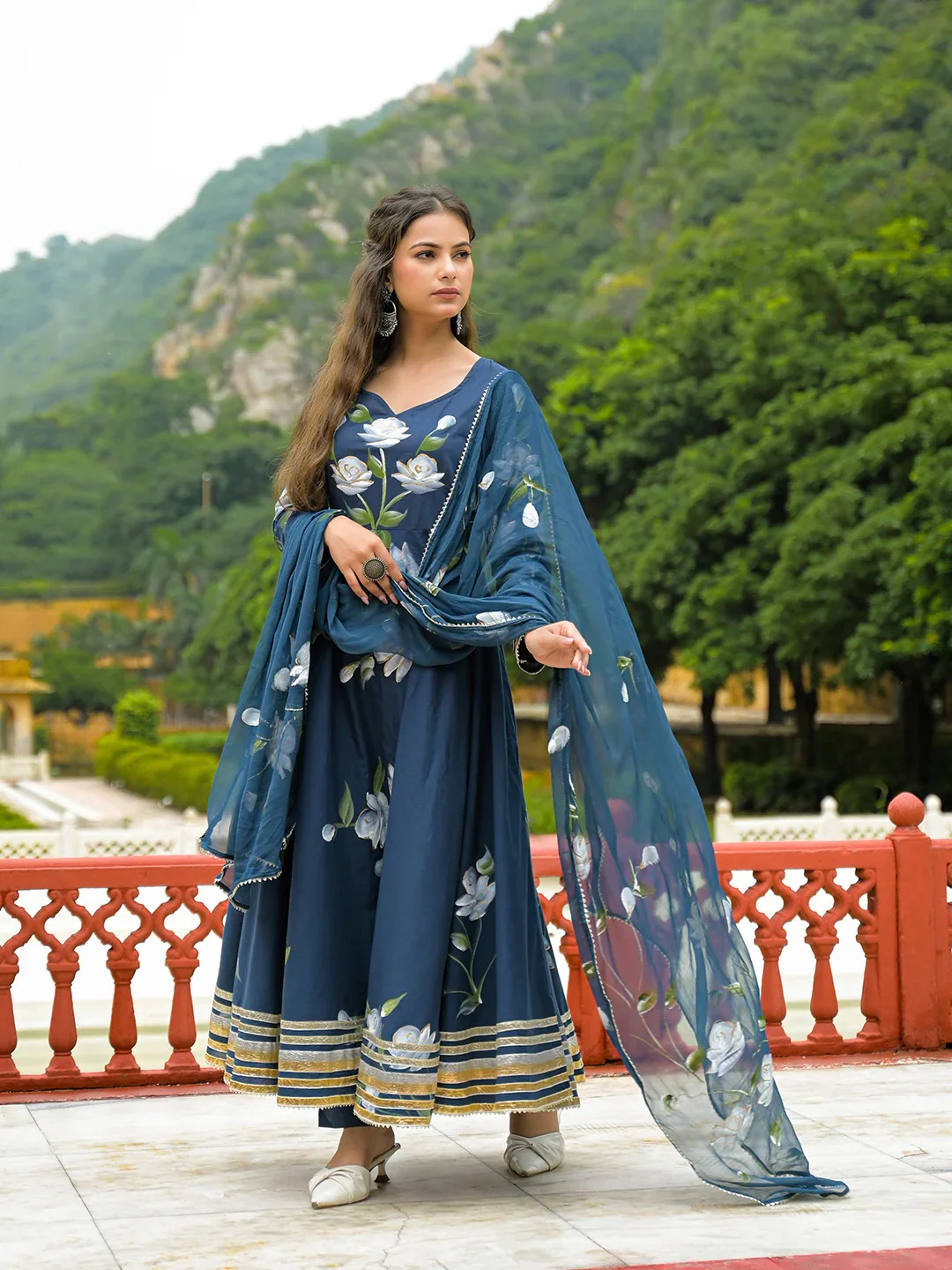 Blue Hand Painted Cotton Anarkali Kurta Pant With Dupatta - Image 3