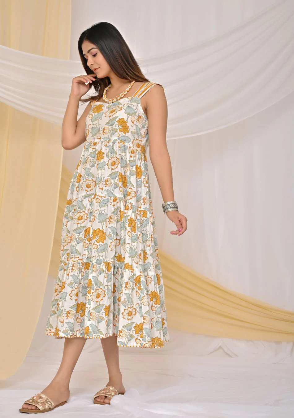 Blue & Orange Print Cotton Strap Midi Dress - Image 3