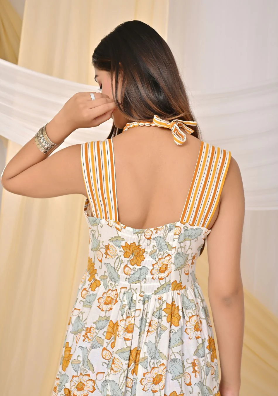 Blue & Orange Print Cotton Strap Midi Dress - Image 4