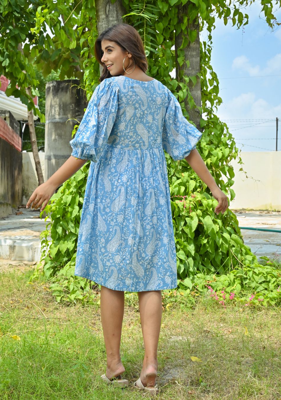 Blue Paisley Cotton Short Dress - Image 4