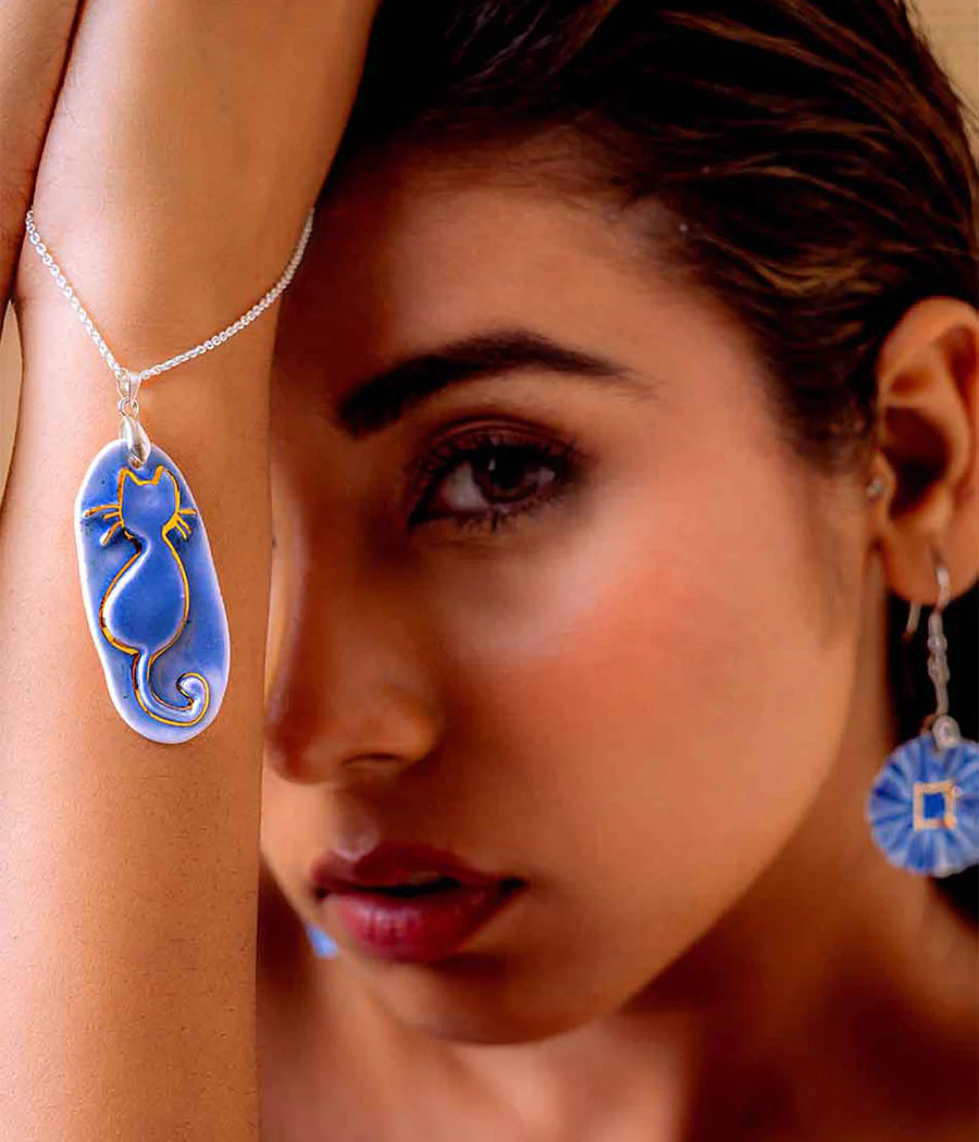 Blue Pennywort earring with Whisker Charm Cat Pendant - Image 2