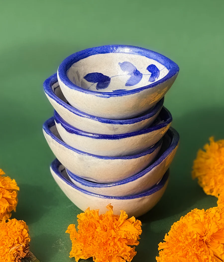 Blue Pottery Blue Lotus Design Diya - Set of 6 - Image 2