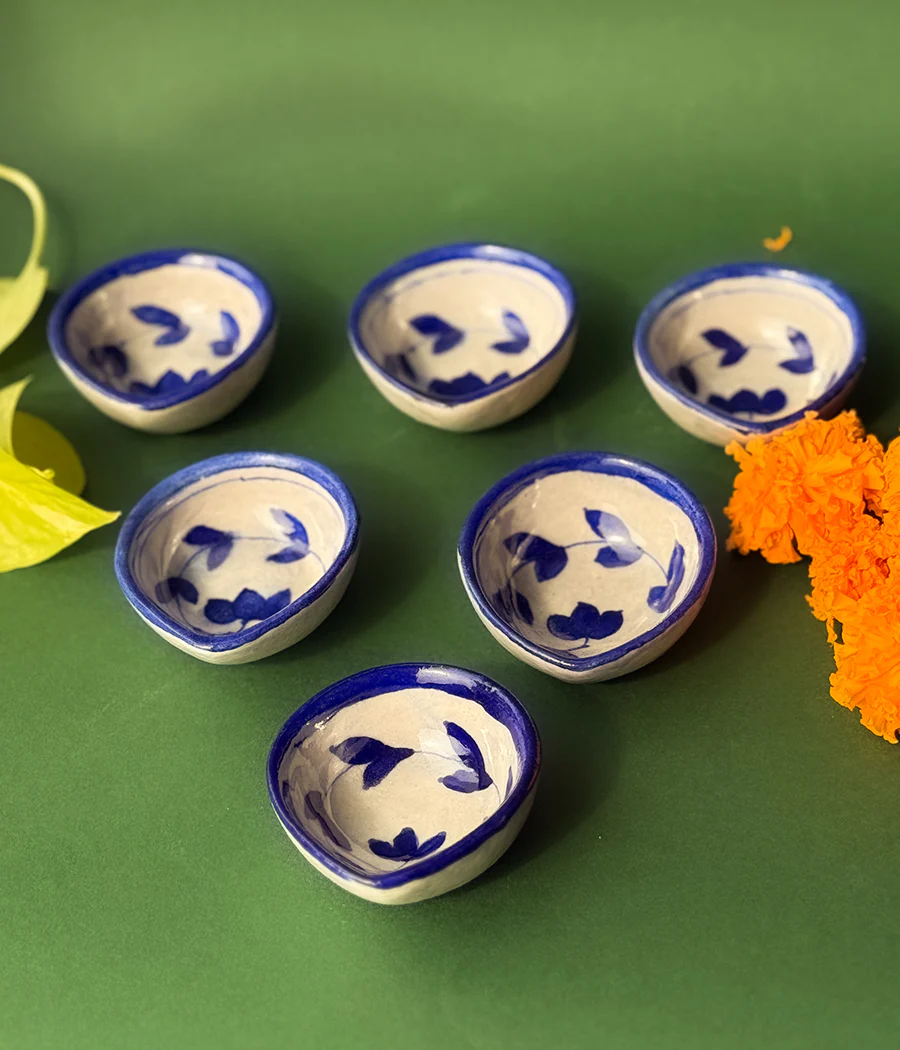 Blue Pottery Blue Lotus Design Diya - Set of 6 - Image 3