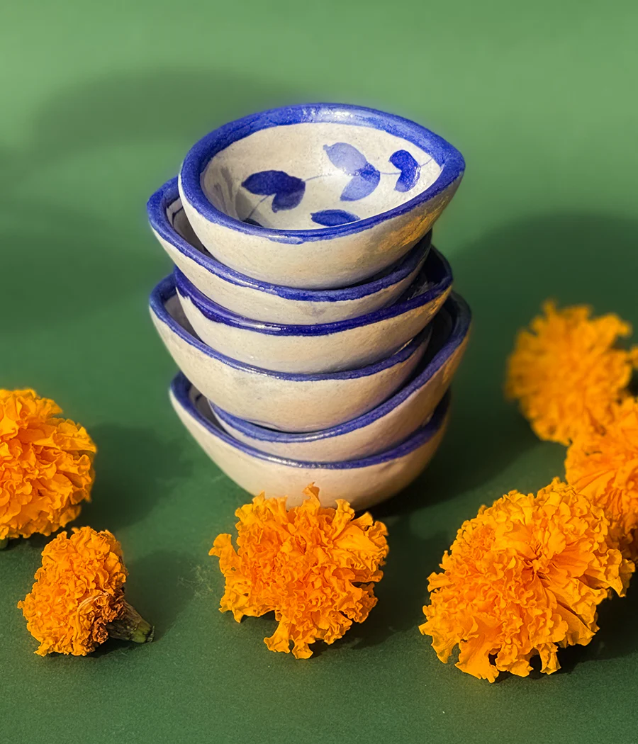 Blue Pottery Blue Lotus Design Diya - Set of 6 - Image 4
