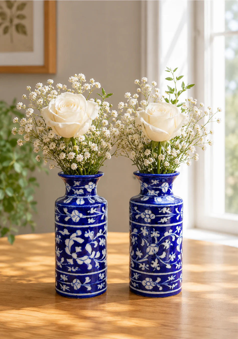 Blue Pottery White Floral Can Vase - Image 2