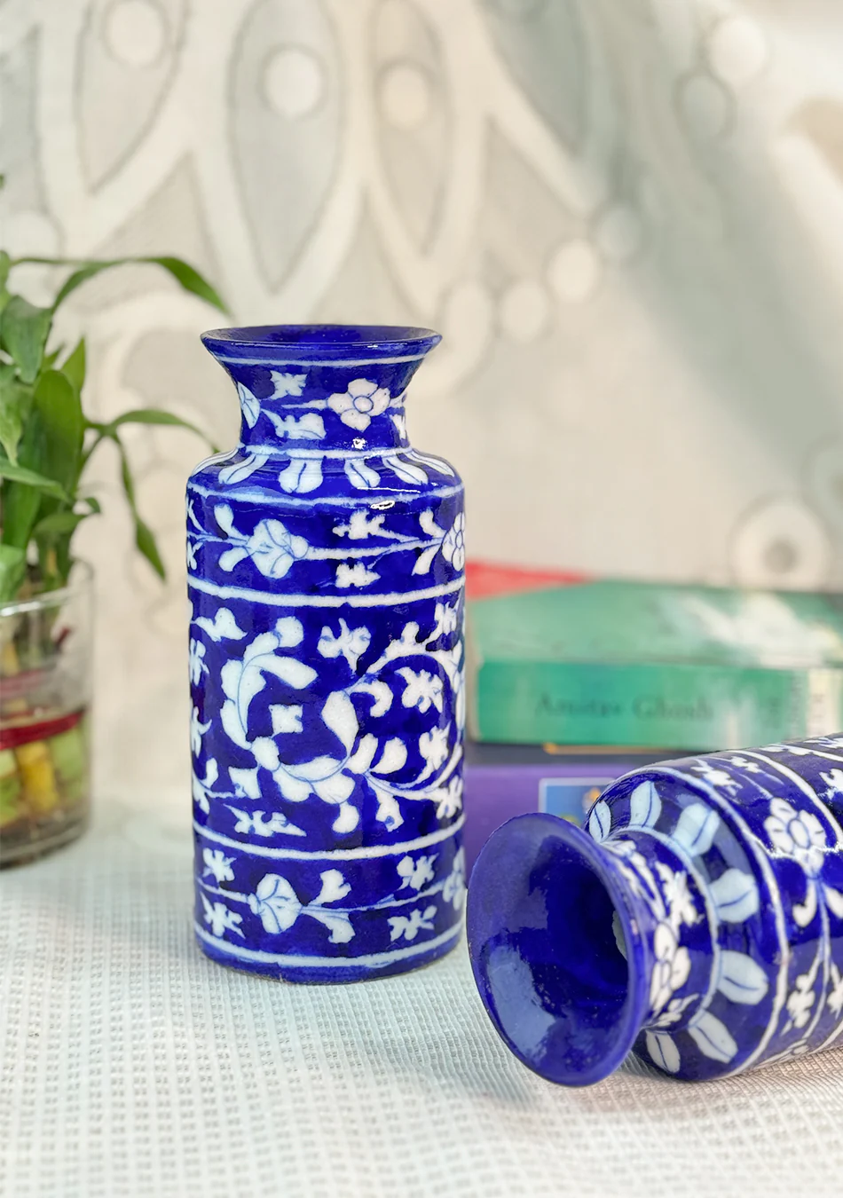 Blue Pottery White Floral Can Vase - Image 3