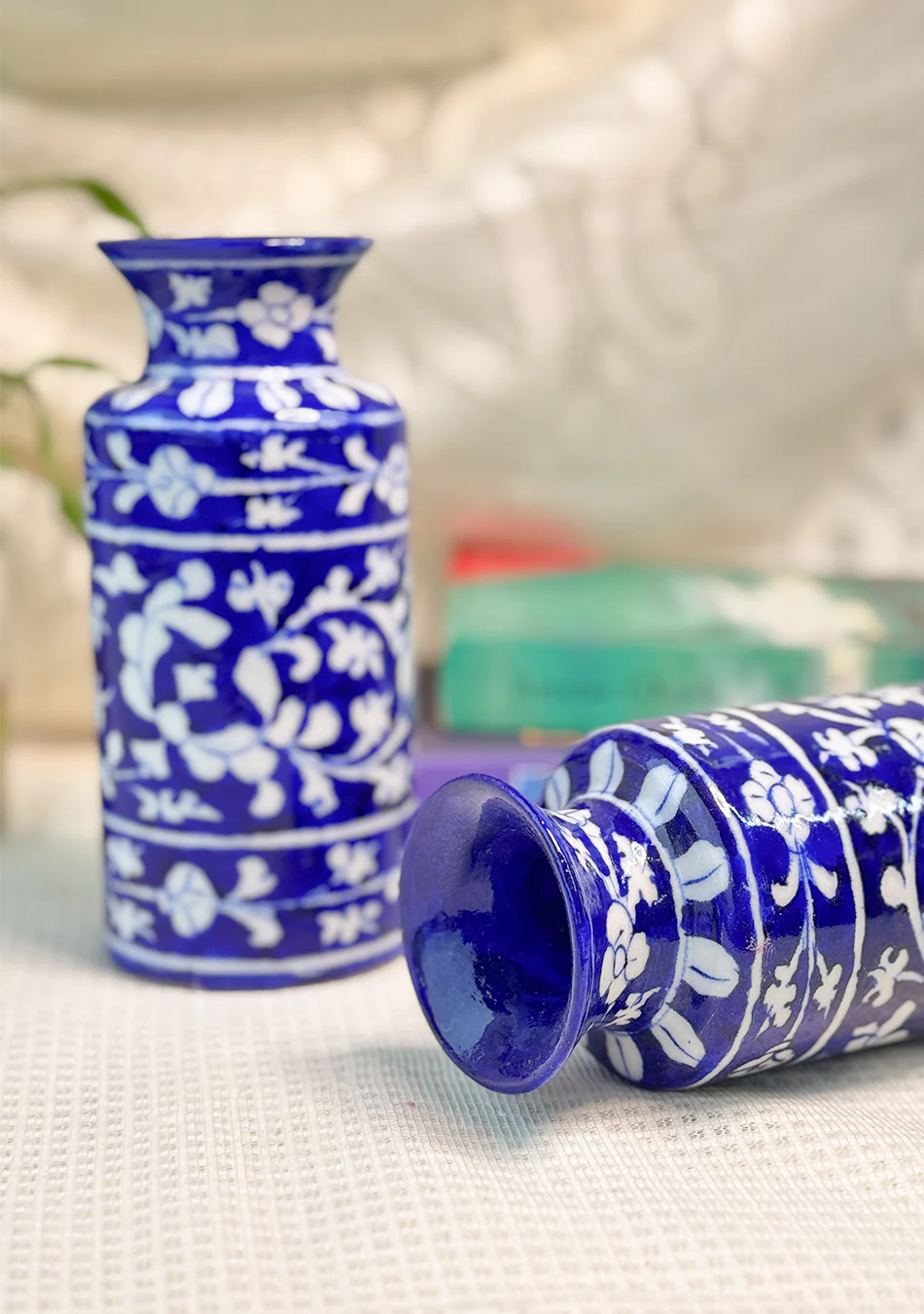 Blue Pottery White Floral Can Vase - Image 7