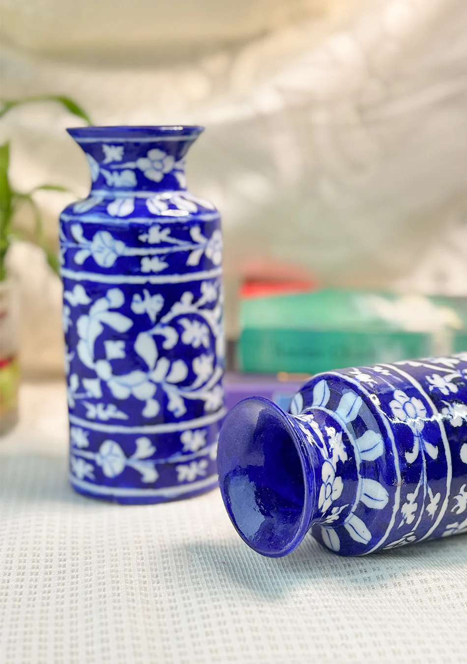 Blue Pottery White Floral Can Vase - Image 8