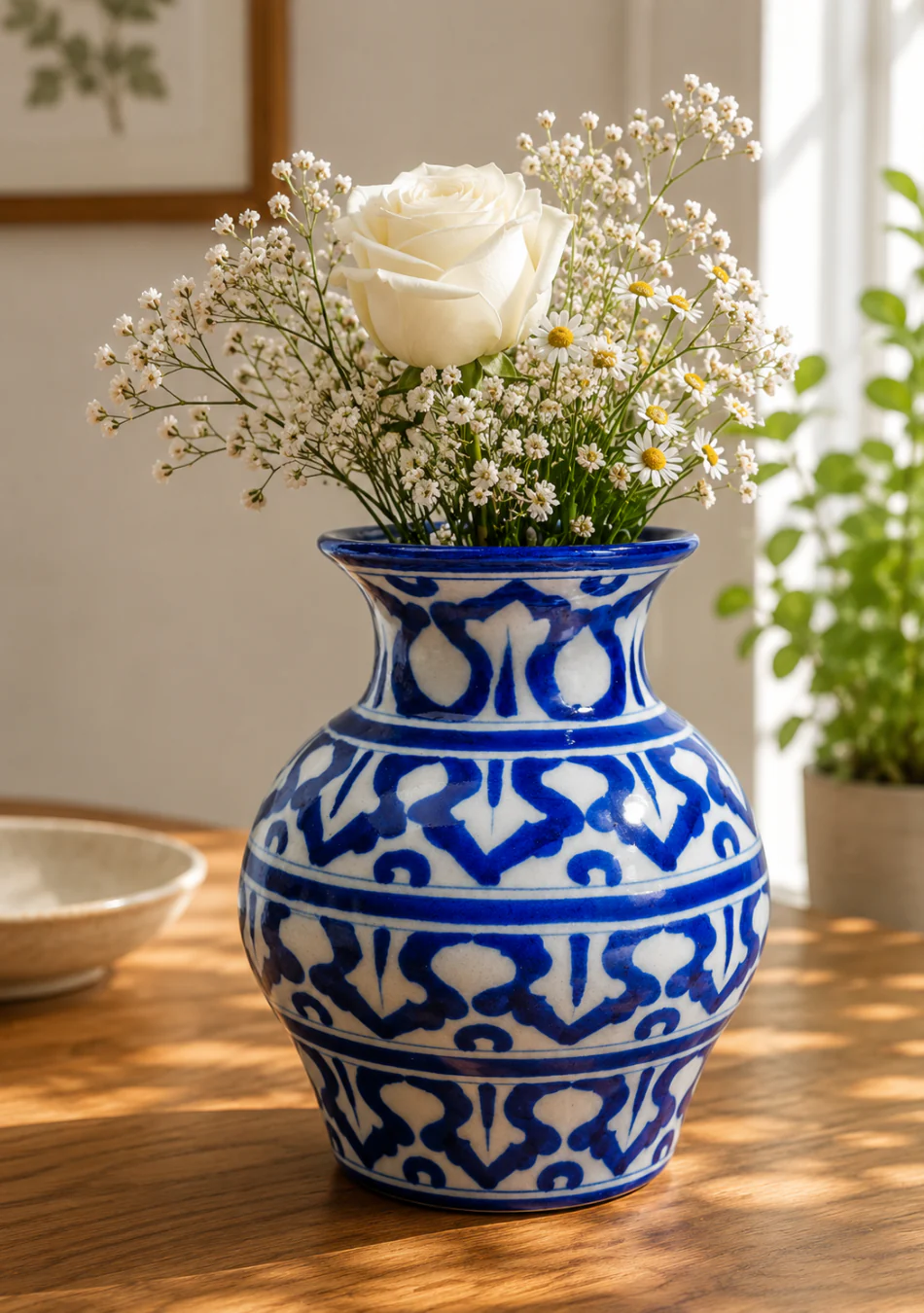 Blue Pottery White Matka Vase - Image 3