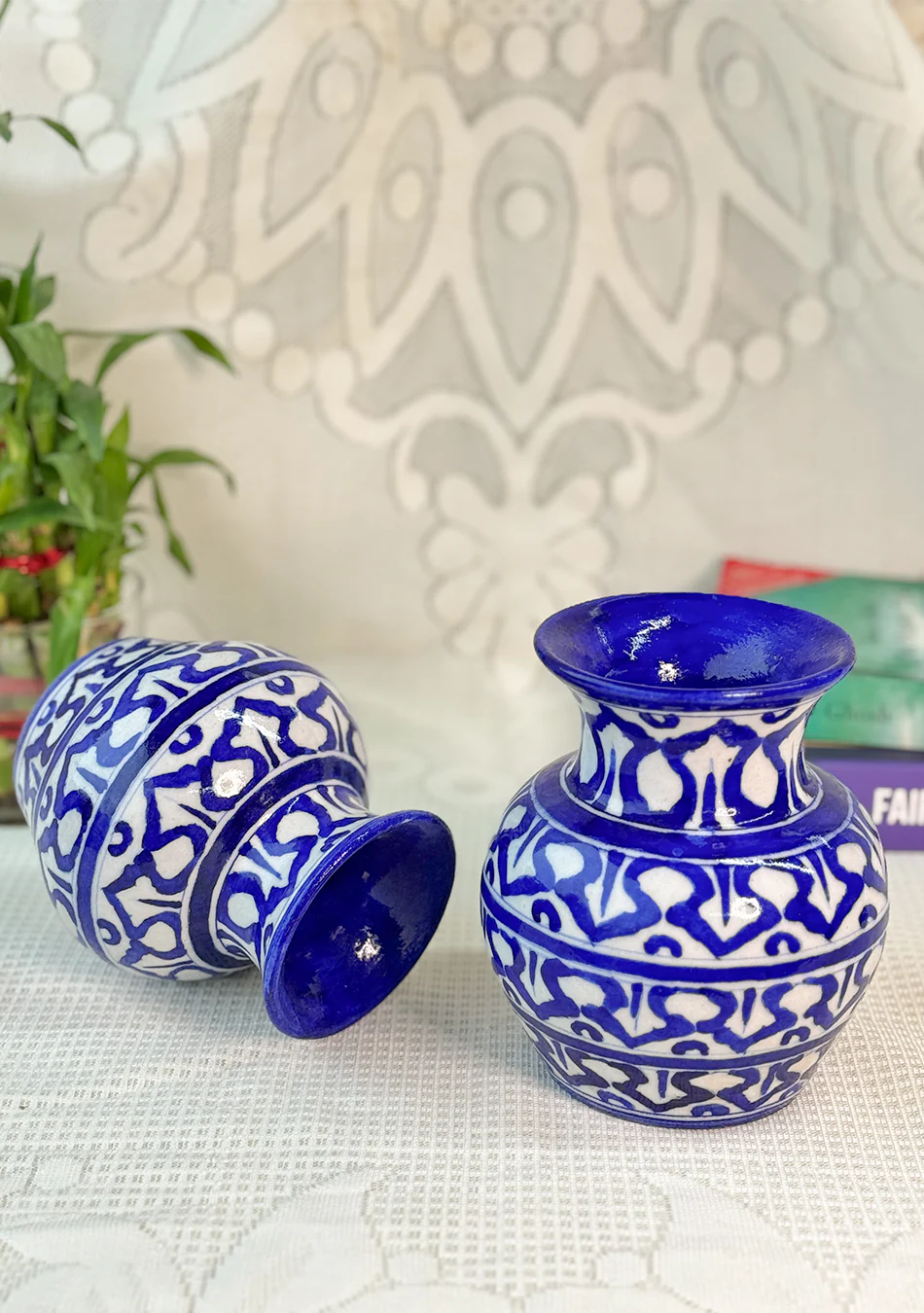 Blue Pottery White Matka Vase - Image 5