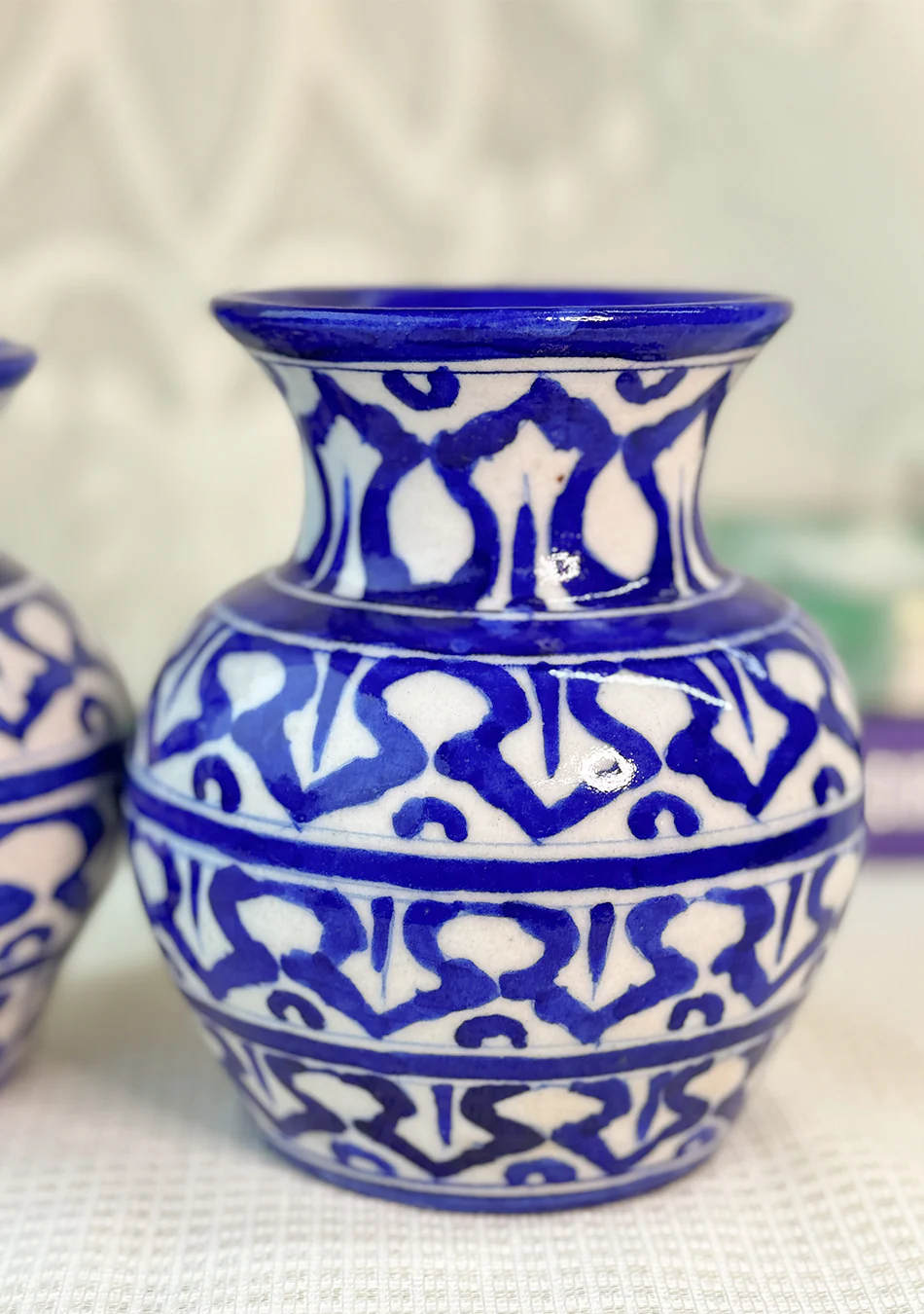 Blue Pottery White Matka Vase - Image 6