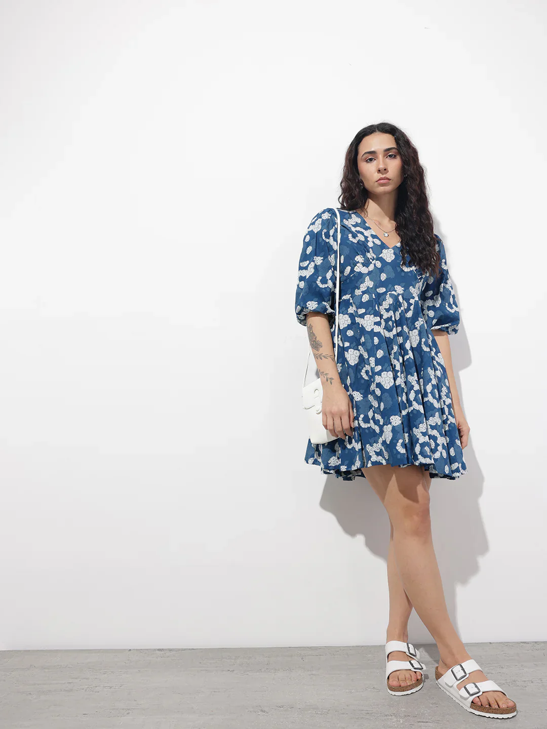 Blue V-Neck Short Bell Sleeves Mini Cotton Dress - Image 7