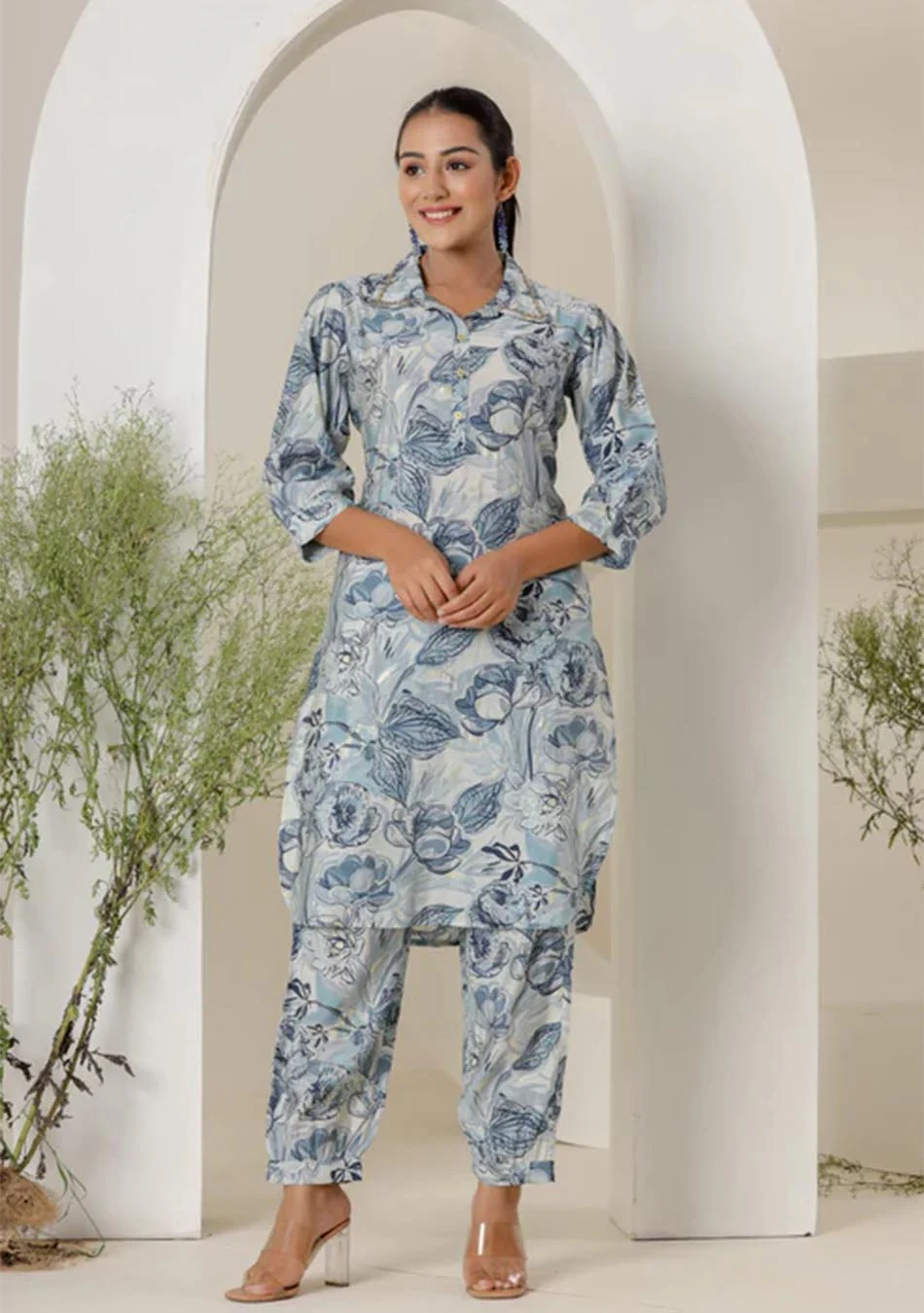 Blue & White Print Muslin Kurta with Hem Cuffed Pant Set