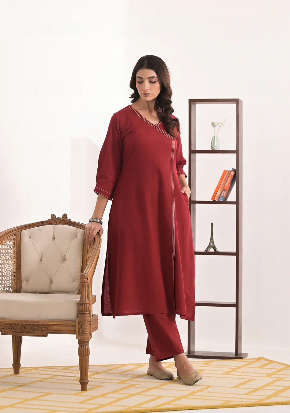Aravalii Brick Red Solid Angrakha Kurta Pant Set